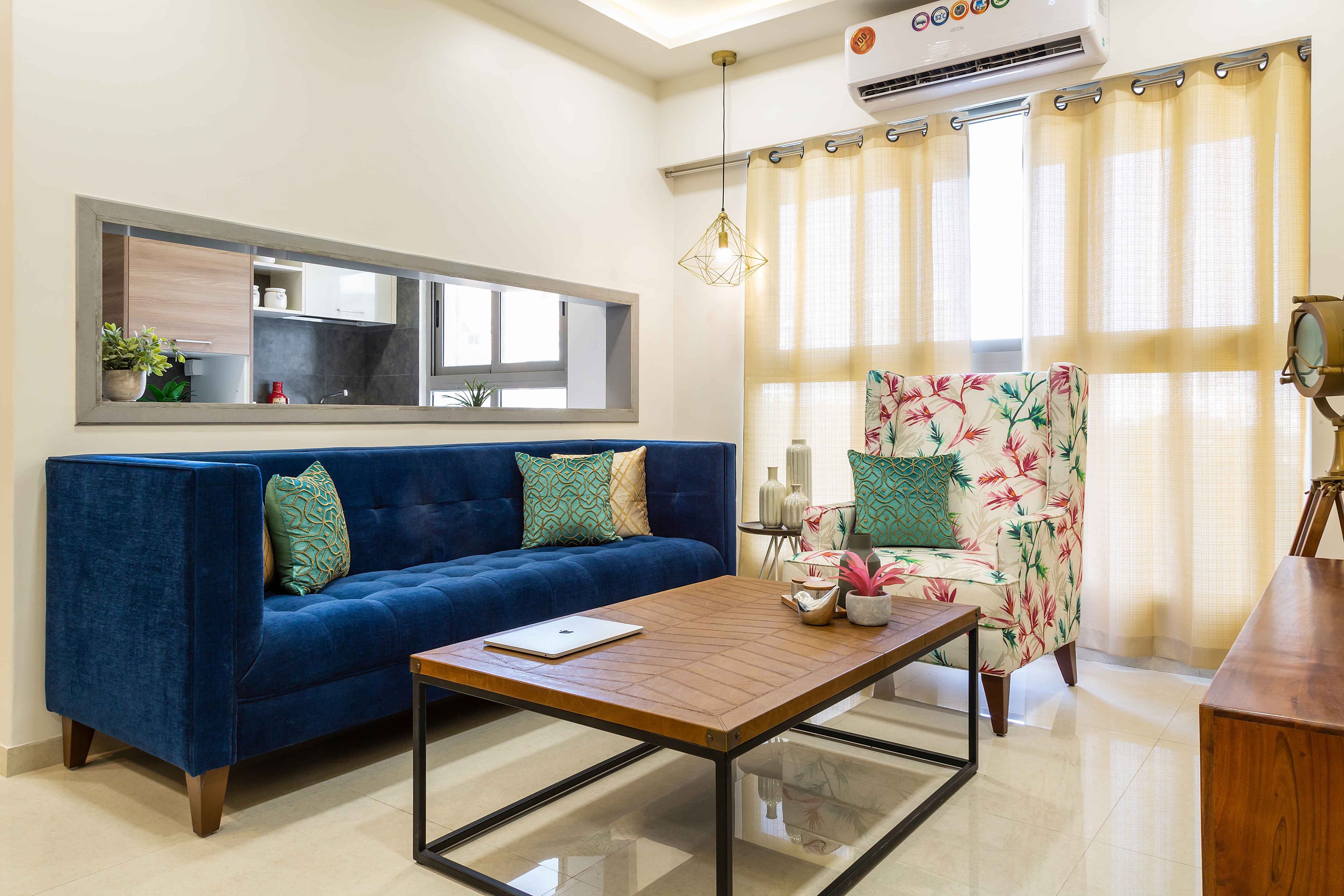 Blue Seater And Off-White Accent Chair - Livspace