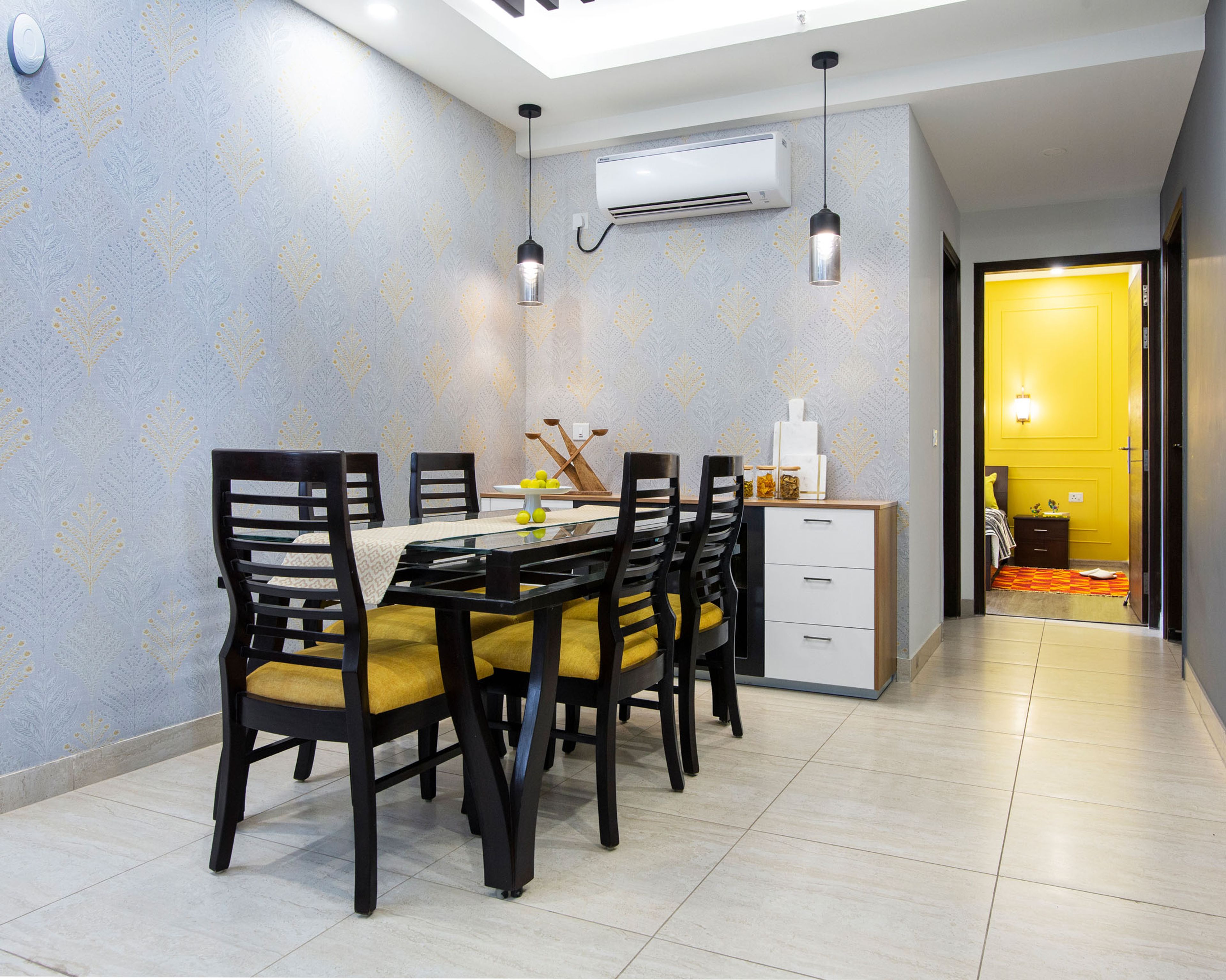 6-Seater Wood And Yellow Dining Room Design - Livspace