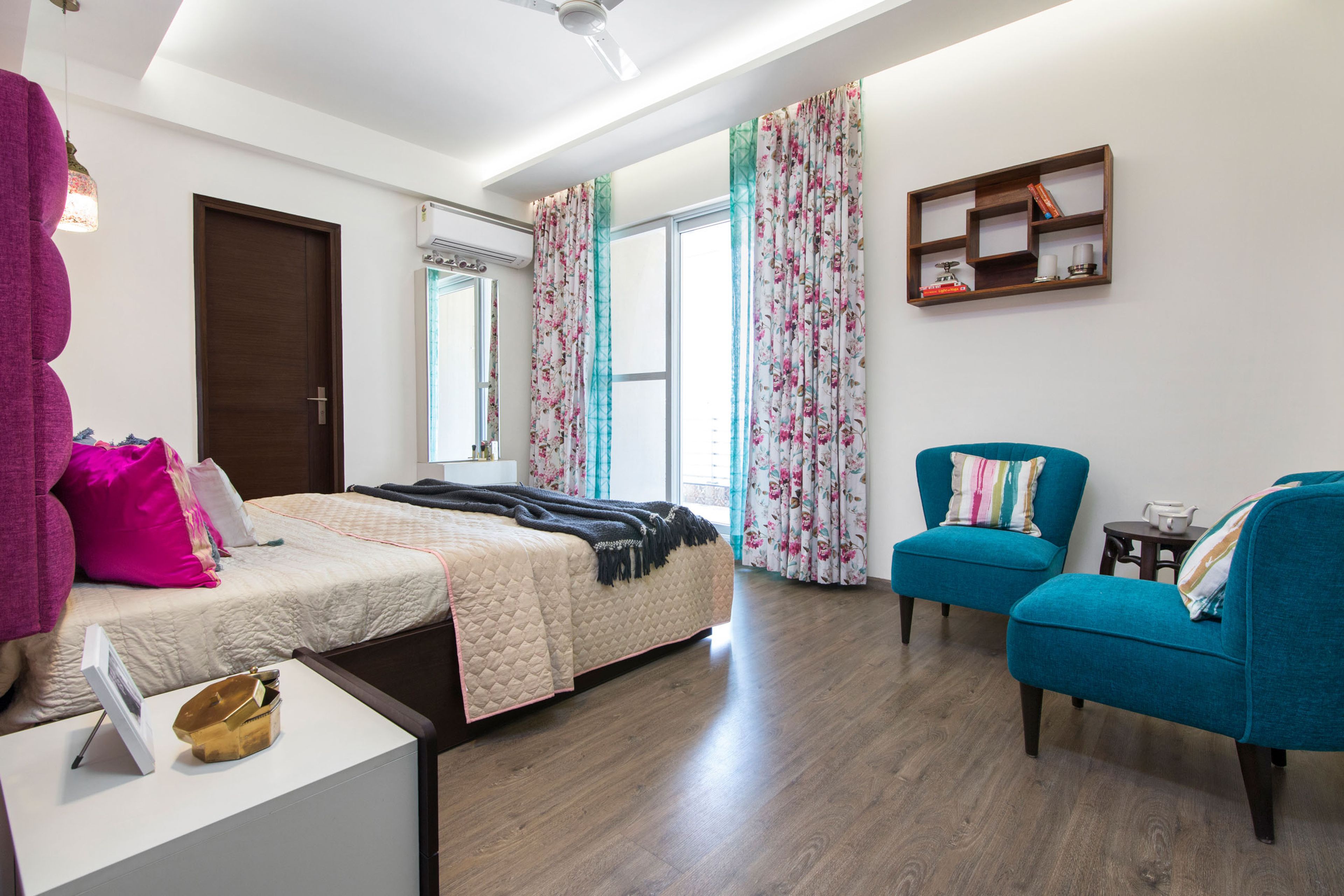 Master Bedroom With Purple And Blue Interior Design Accents - Livspace