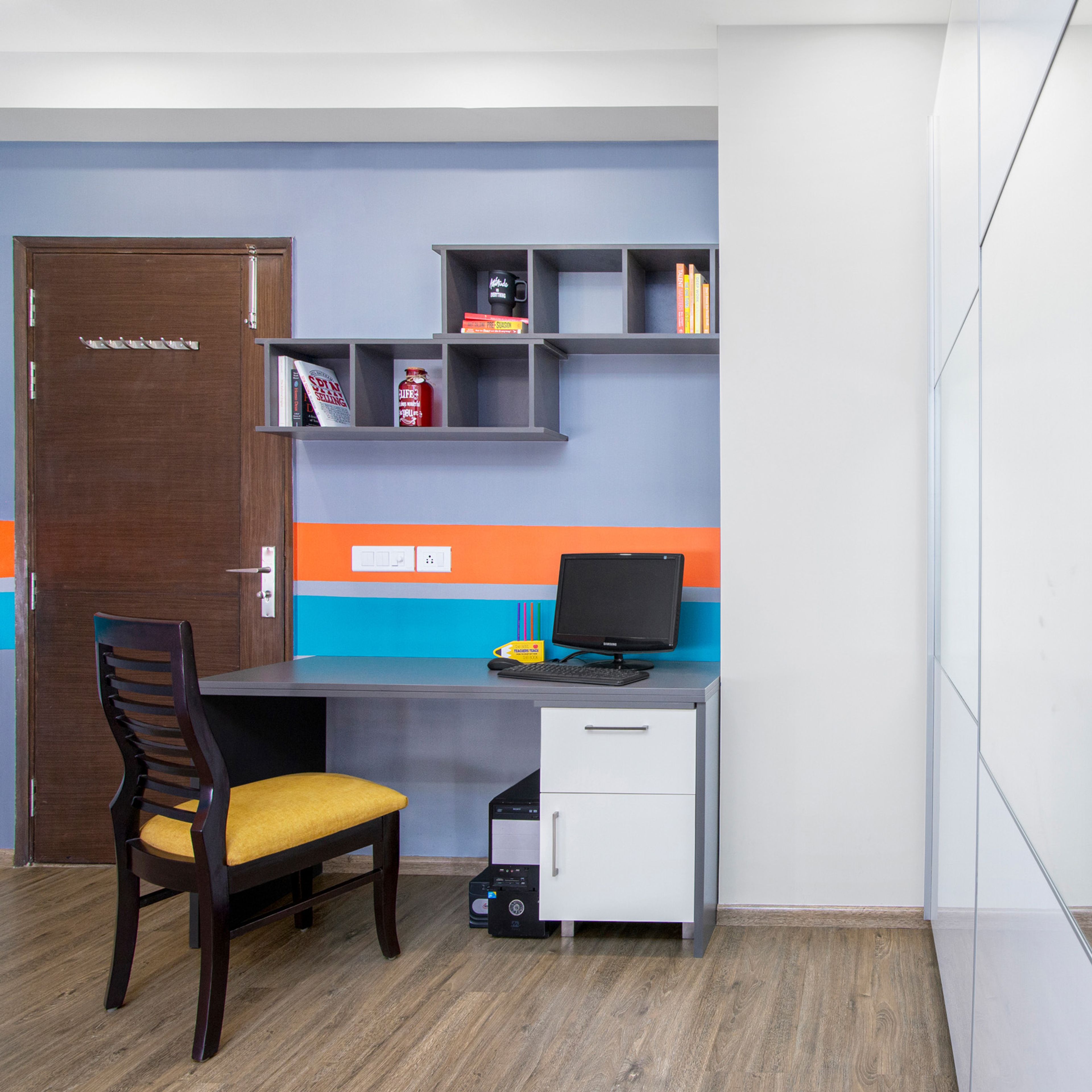 Study Table Design In Grey With Wall-Mounted Shelves - Livspace
