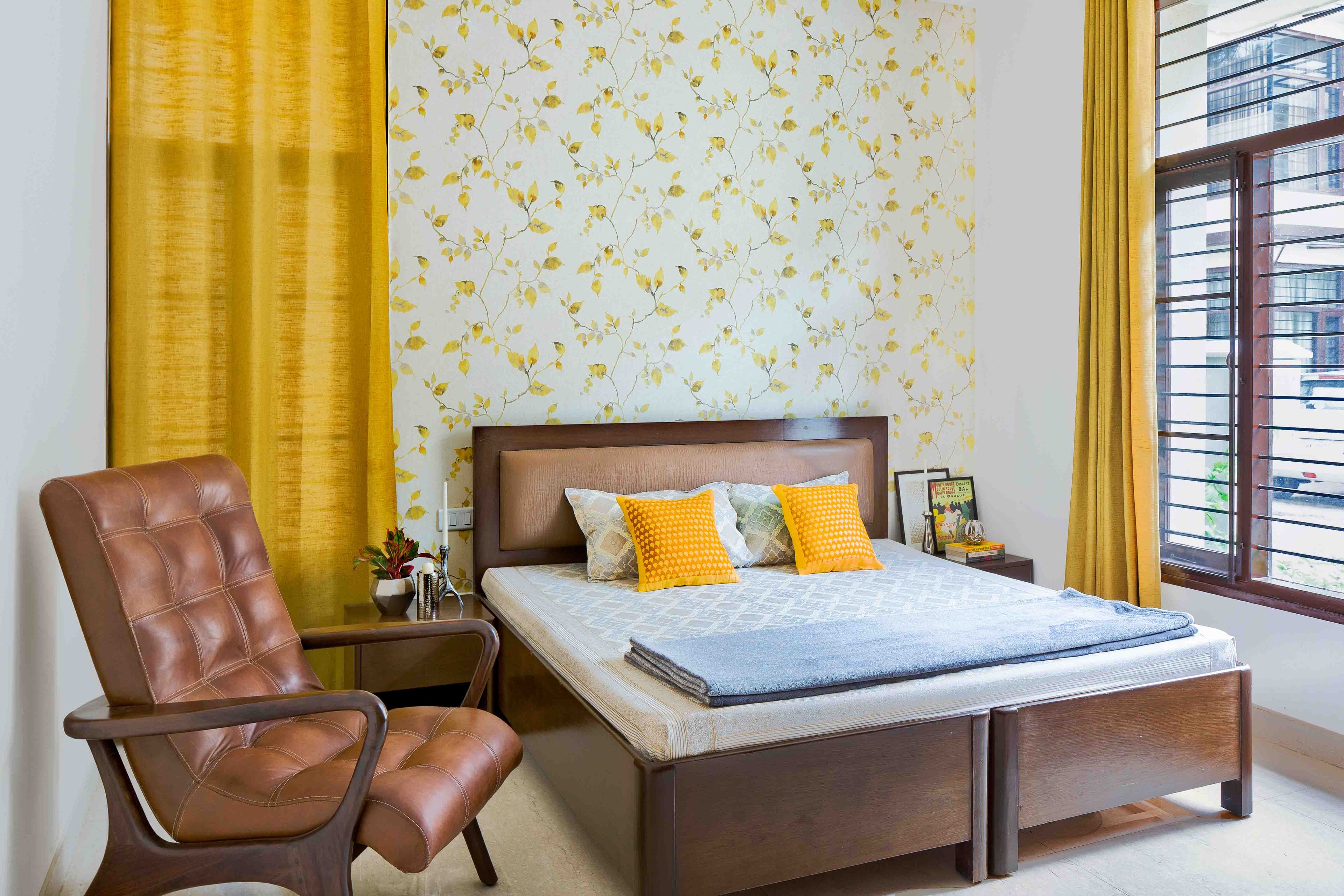 Yellow And Beige Guest Room With Floral Wallpaper - Livspace