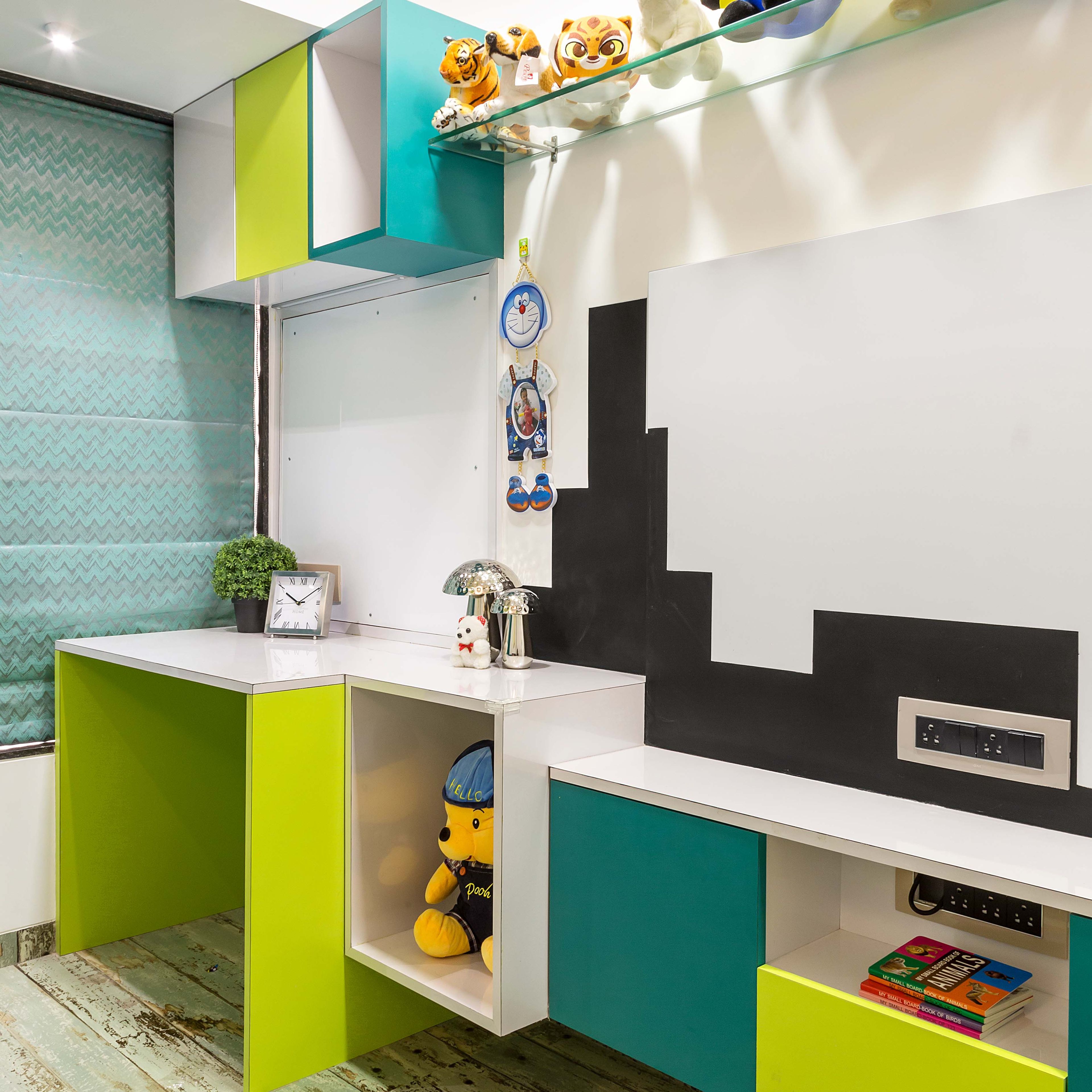 White, green and blue study table design - Livspace