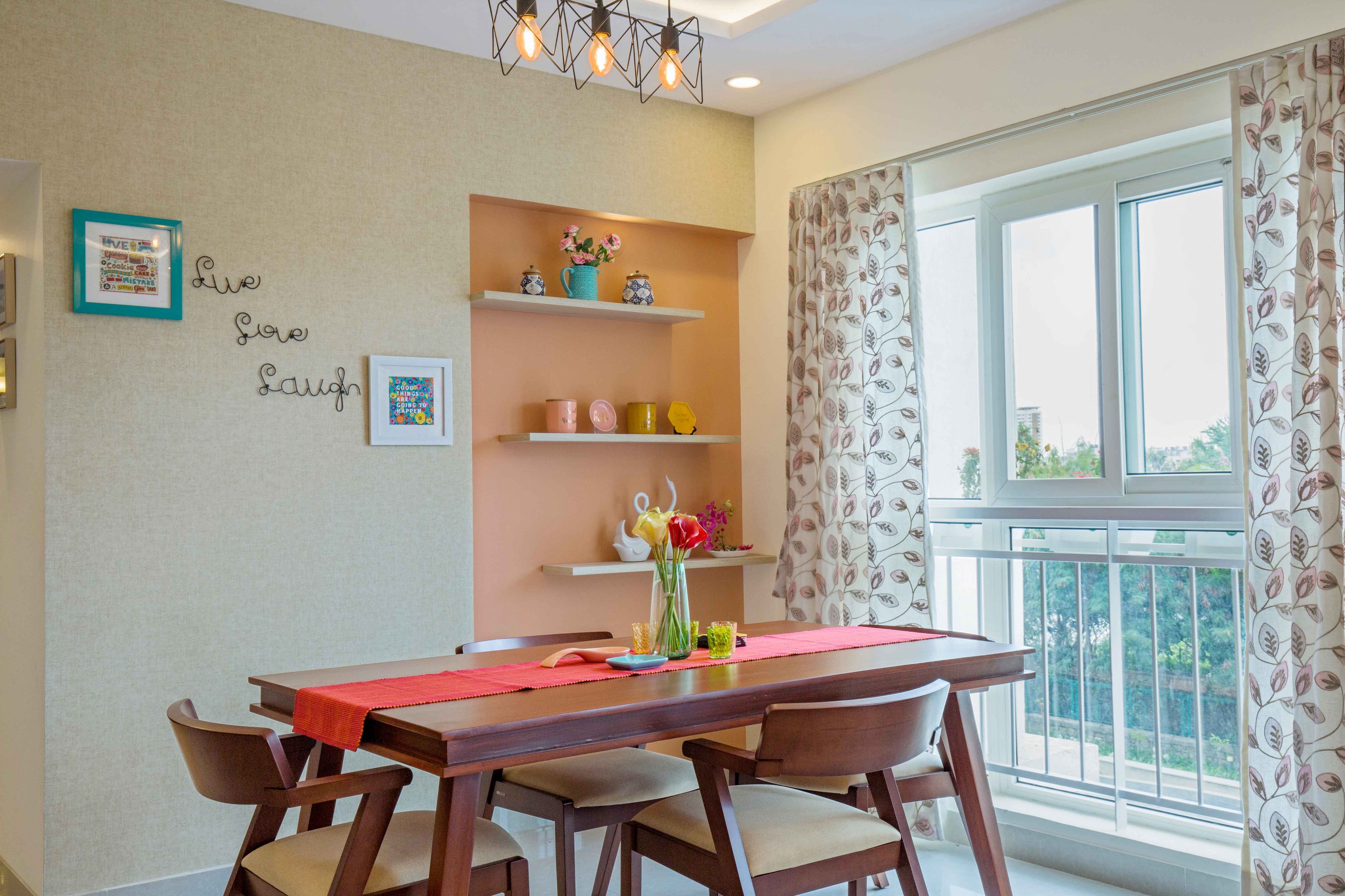 4-seater wood and beige dining room design - Livspace