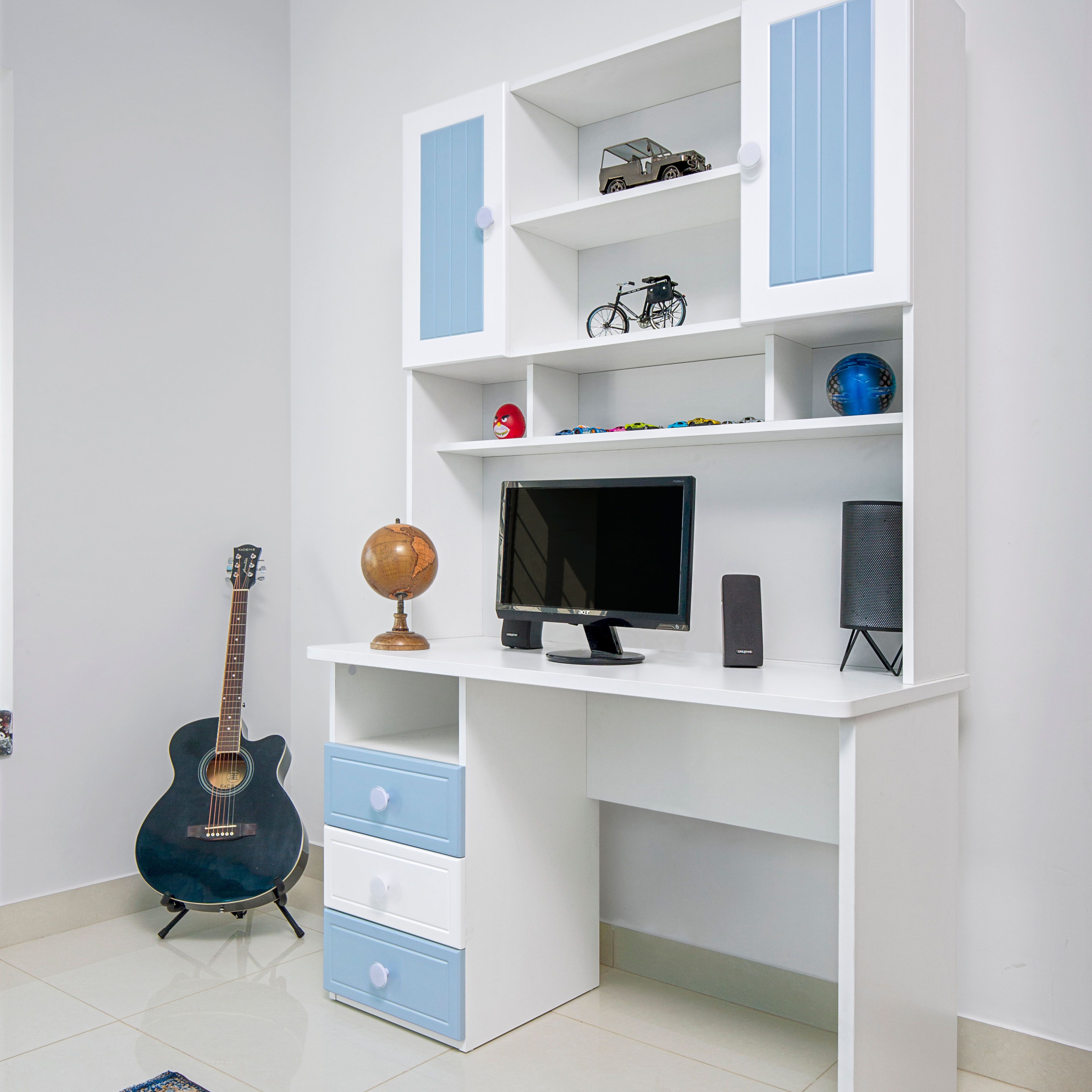 White and blue study table - Livspace