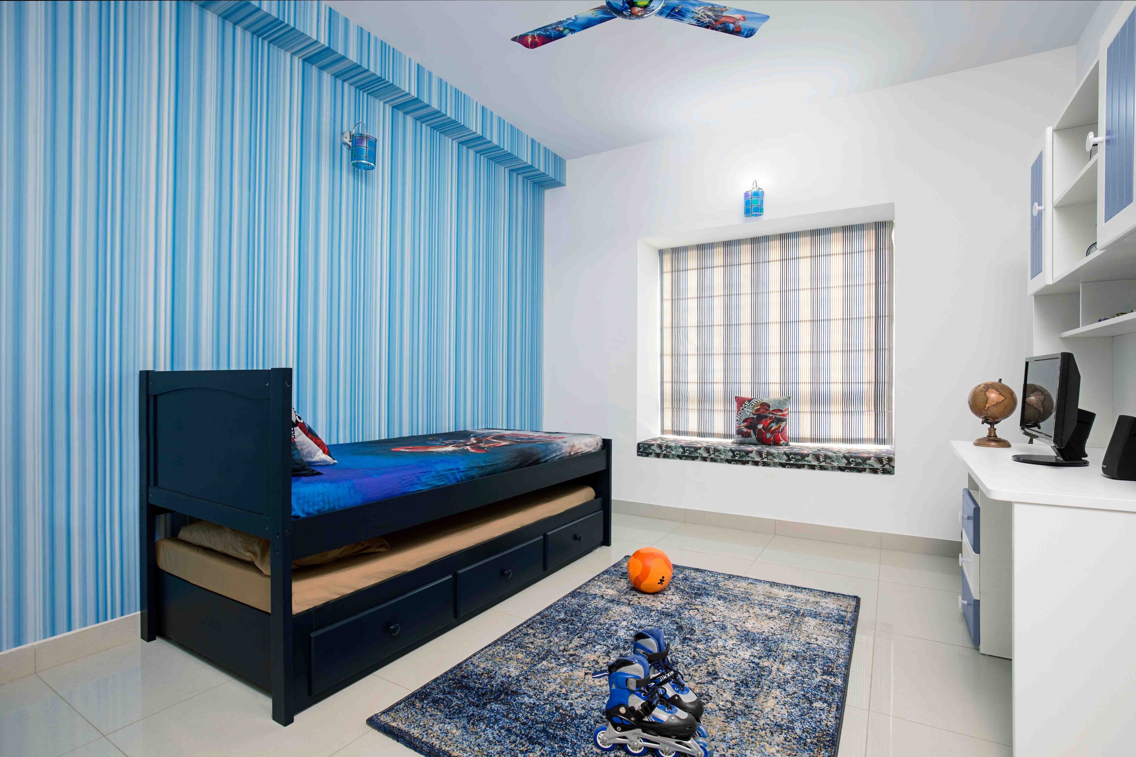 Blue and white kids room design with study table - Livspace