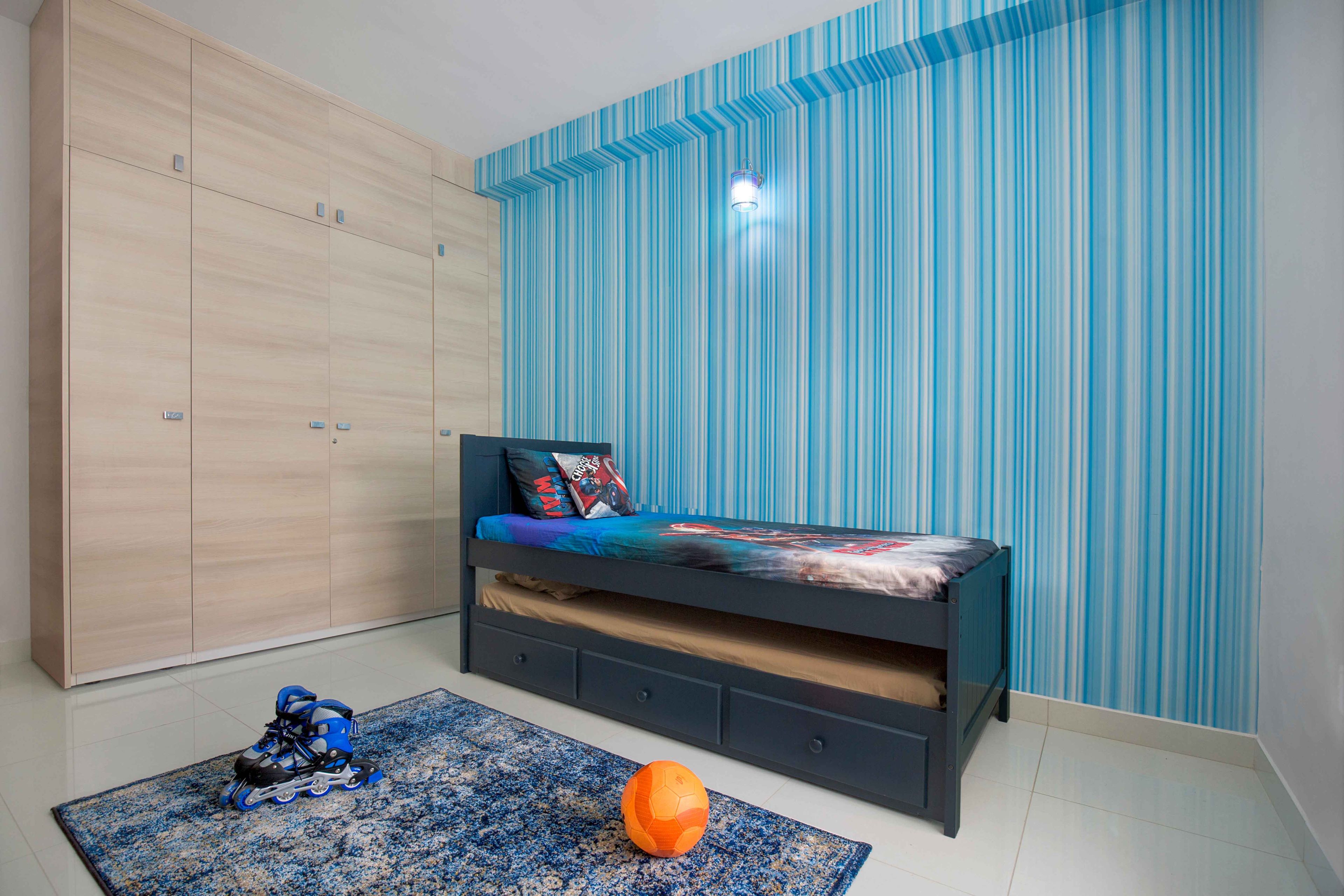 Kids room design with light wooden wardrobe - Livspace