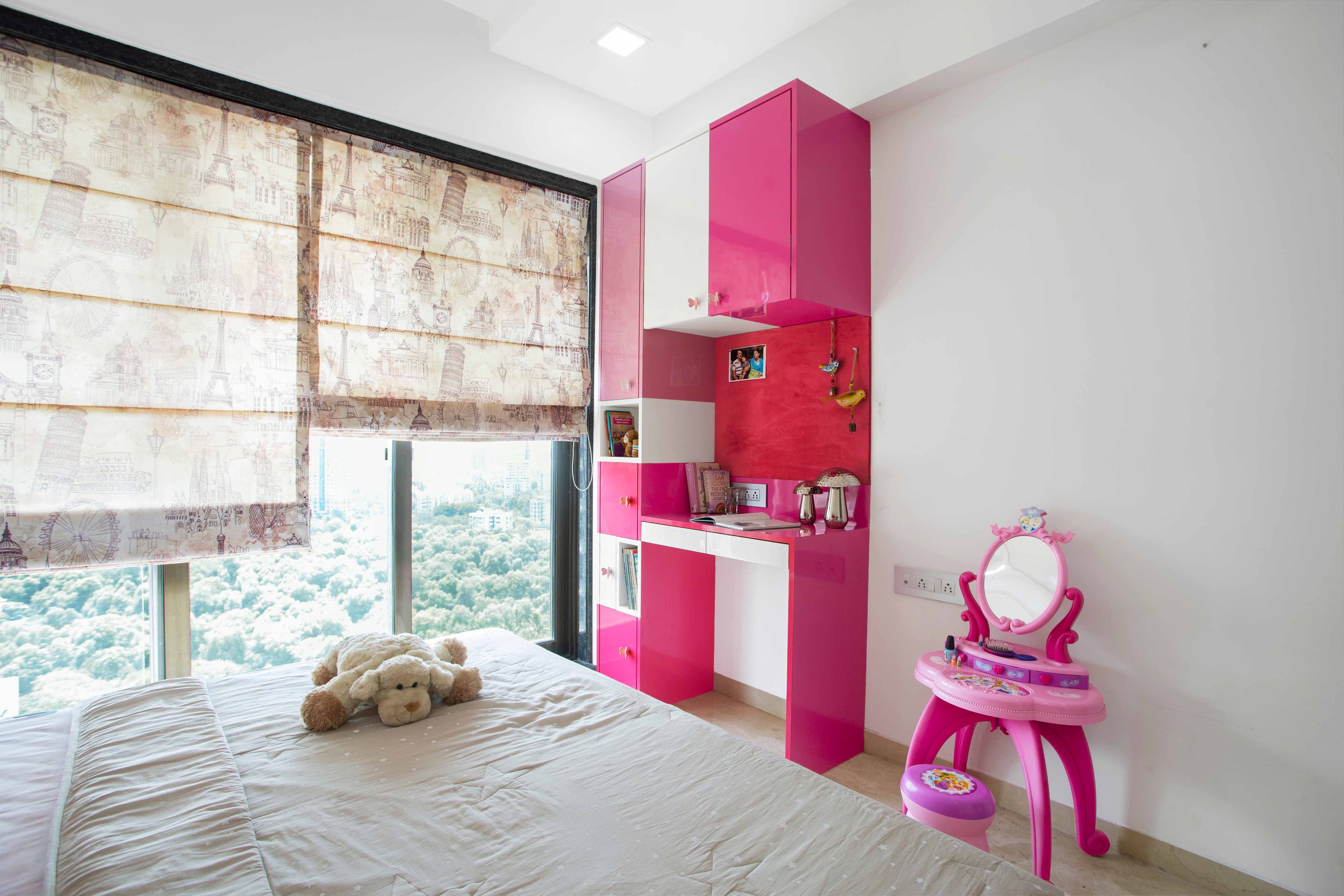 White and pink study table design - Livspace