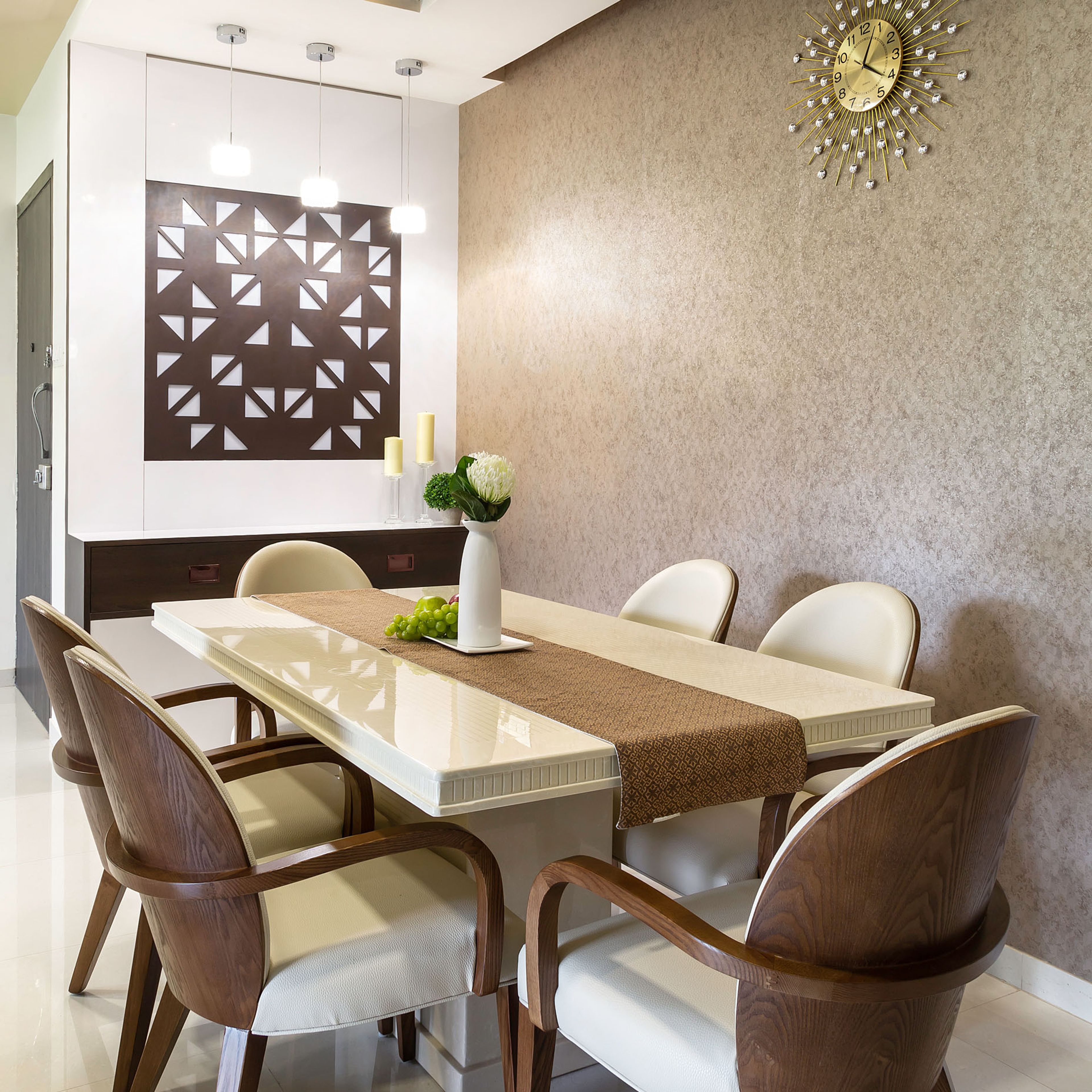 6-seater white quartz and wooden dining table - Livspace