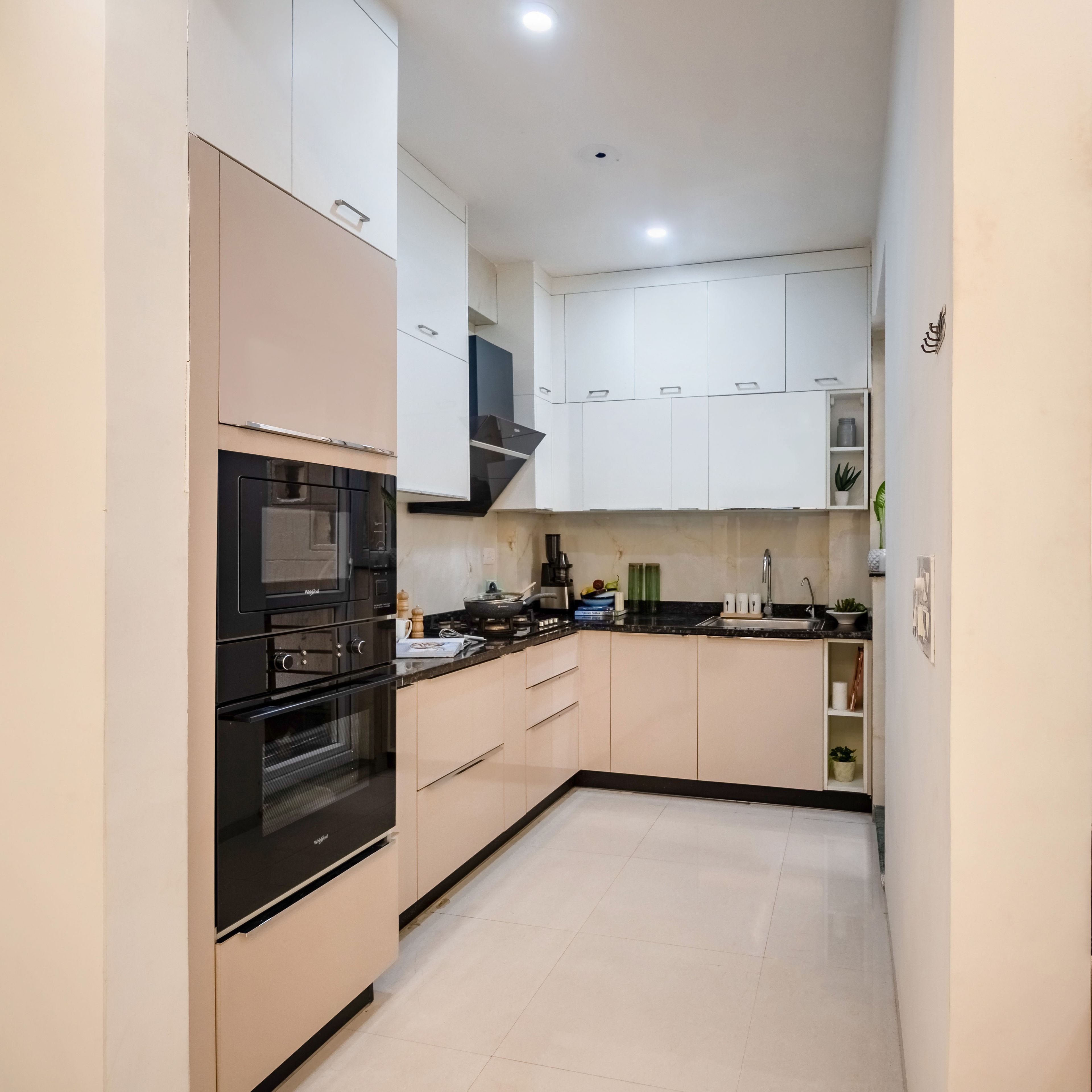 Contemporary L-Shaped Modular Kitchen Design In Beige And White