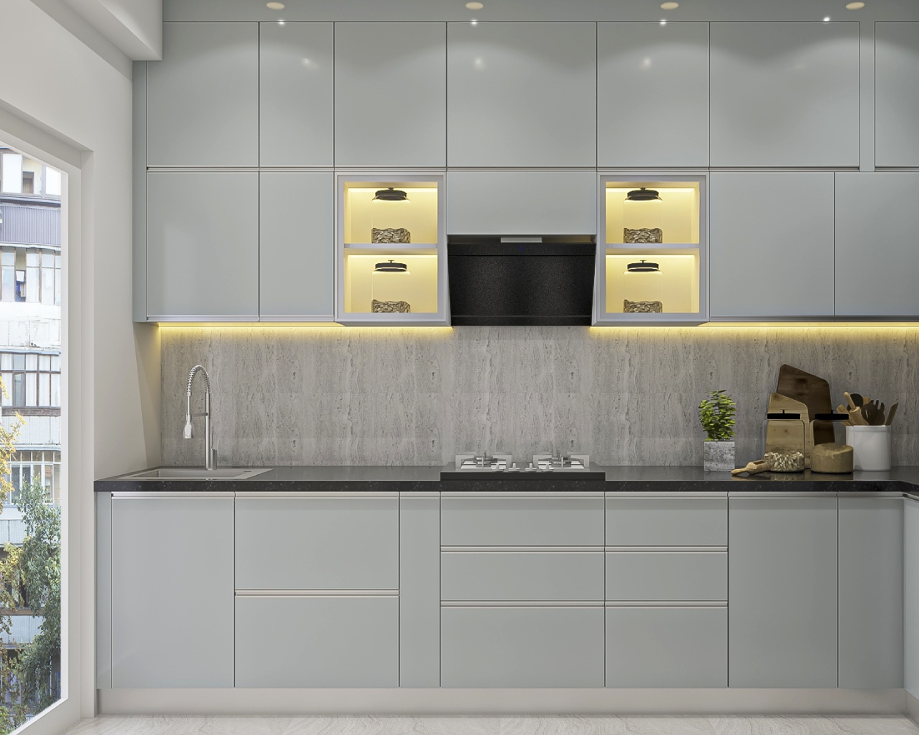Modern Grey L-Shape Modular Kitchen Design