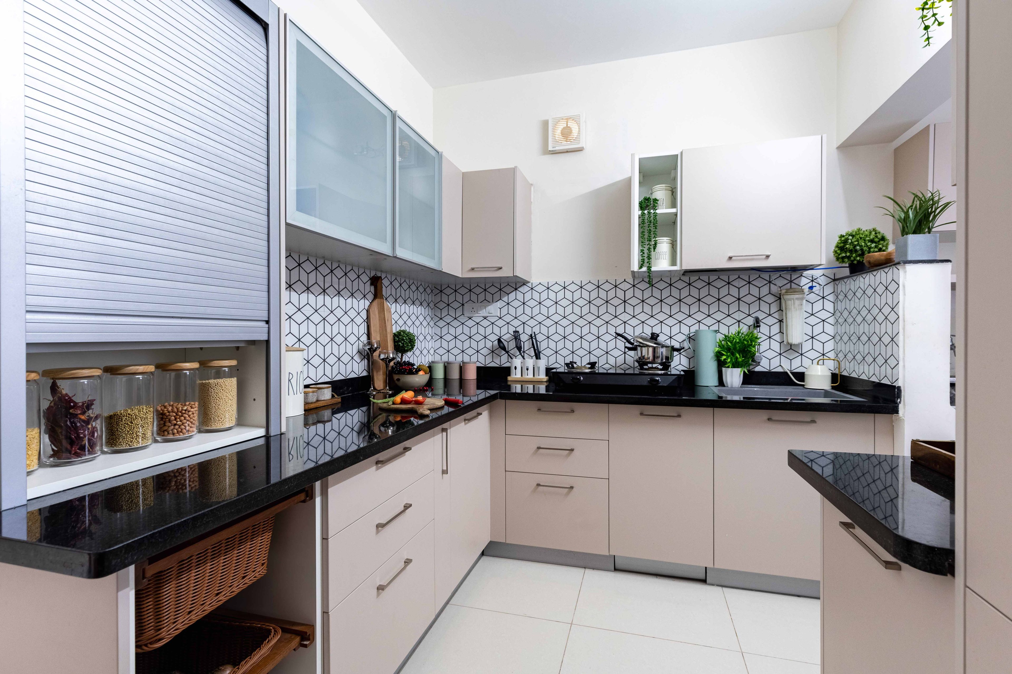 Modern L-Shaped Kitchen Design with Sand Satin Cabinets