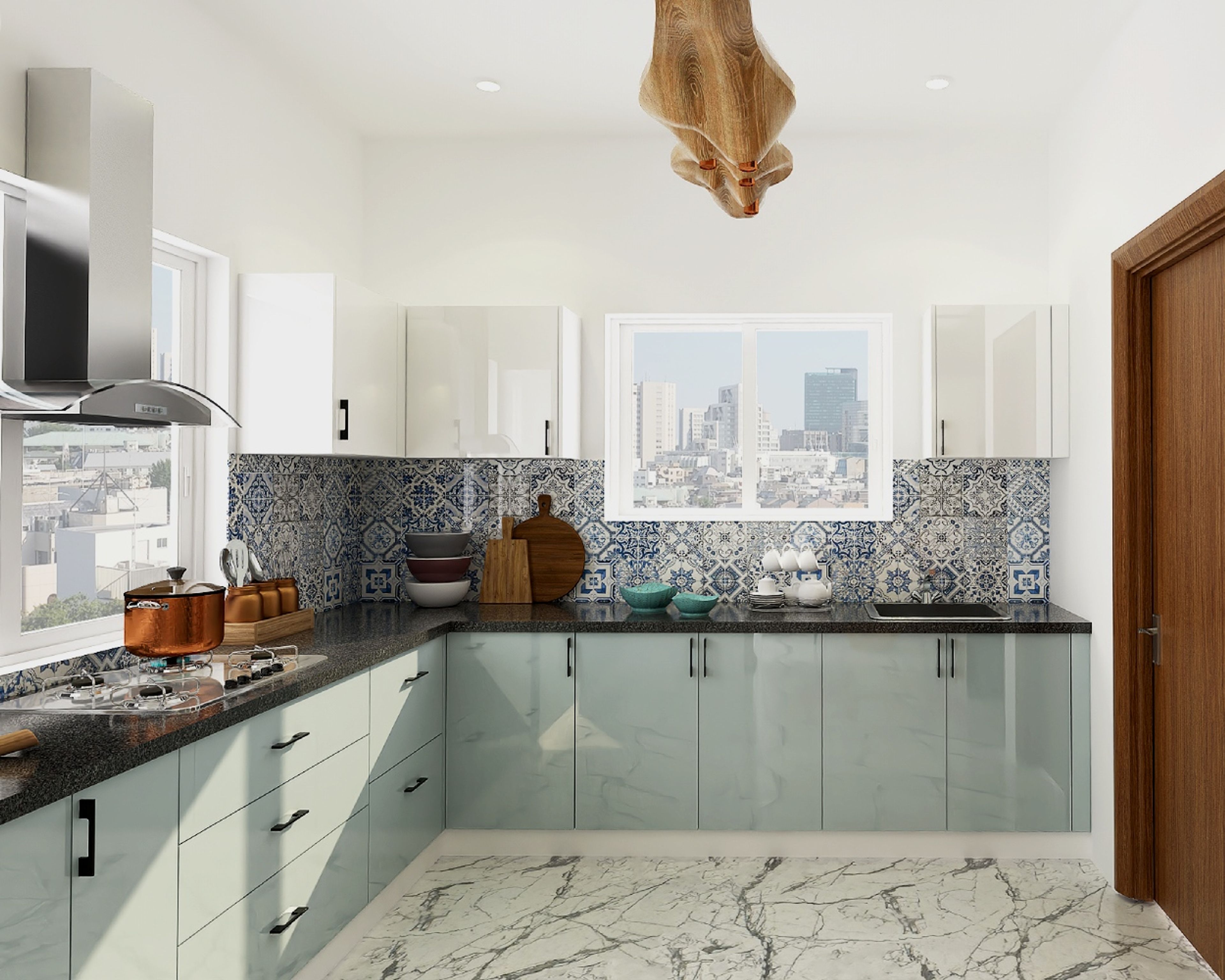 14x12 Ft Contemporary Kitchen Design With Moroccan Dado Tiles And L-Shaped Layout - Livspace