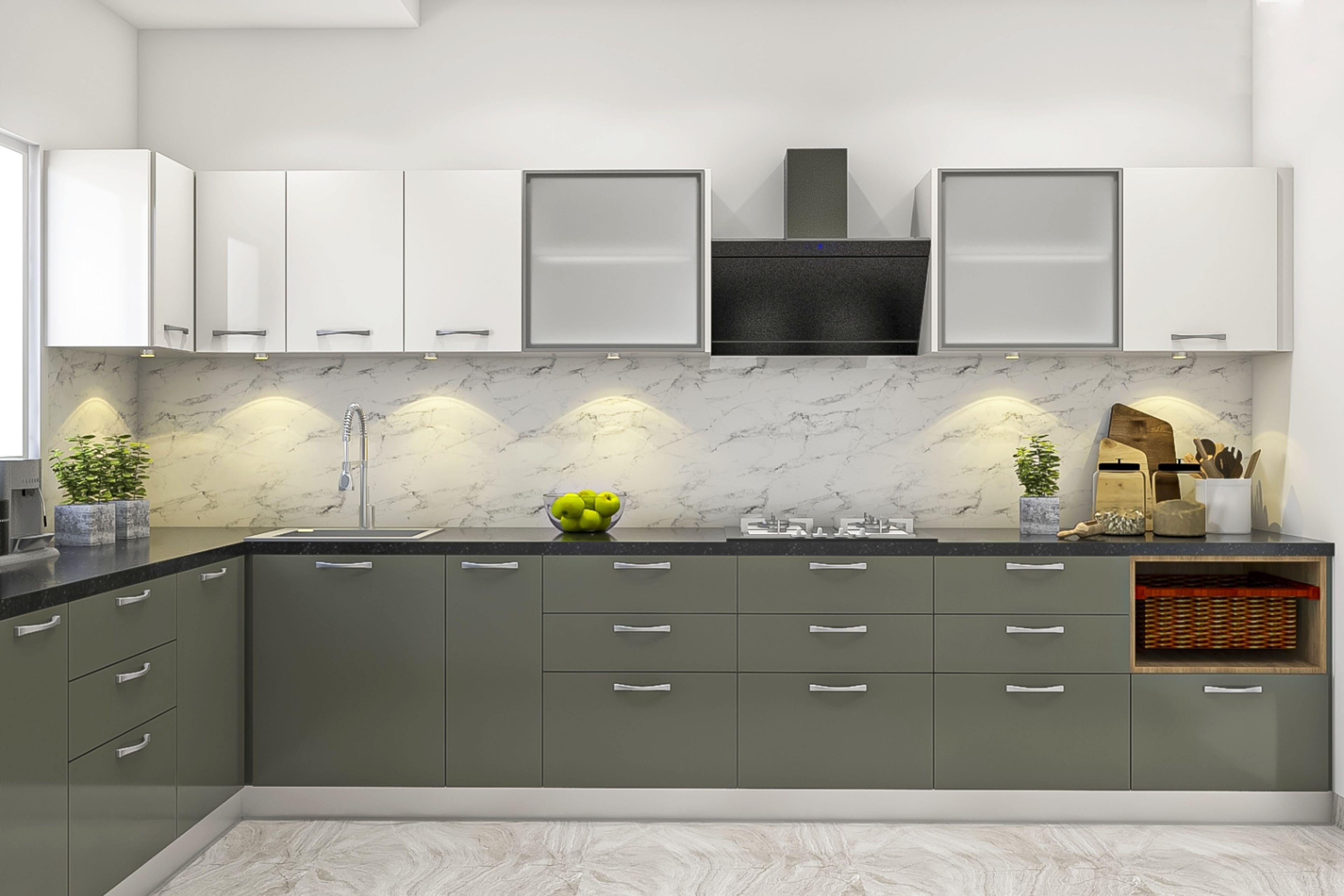Modern Modular Dark Green And White L Shape Kitchen Design