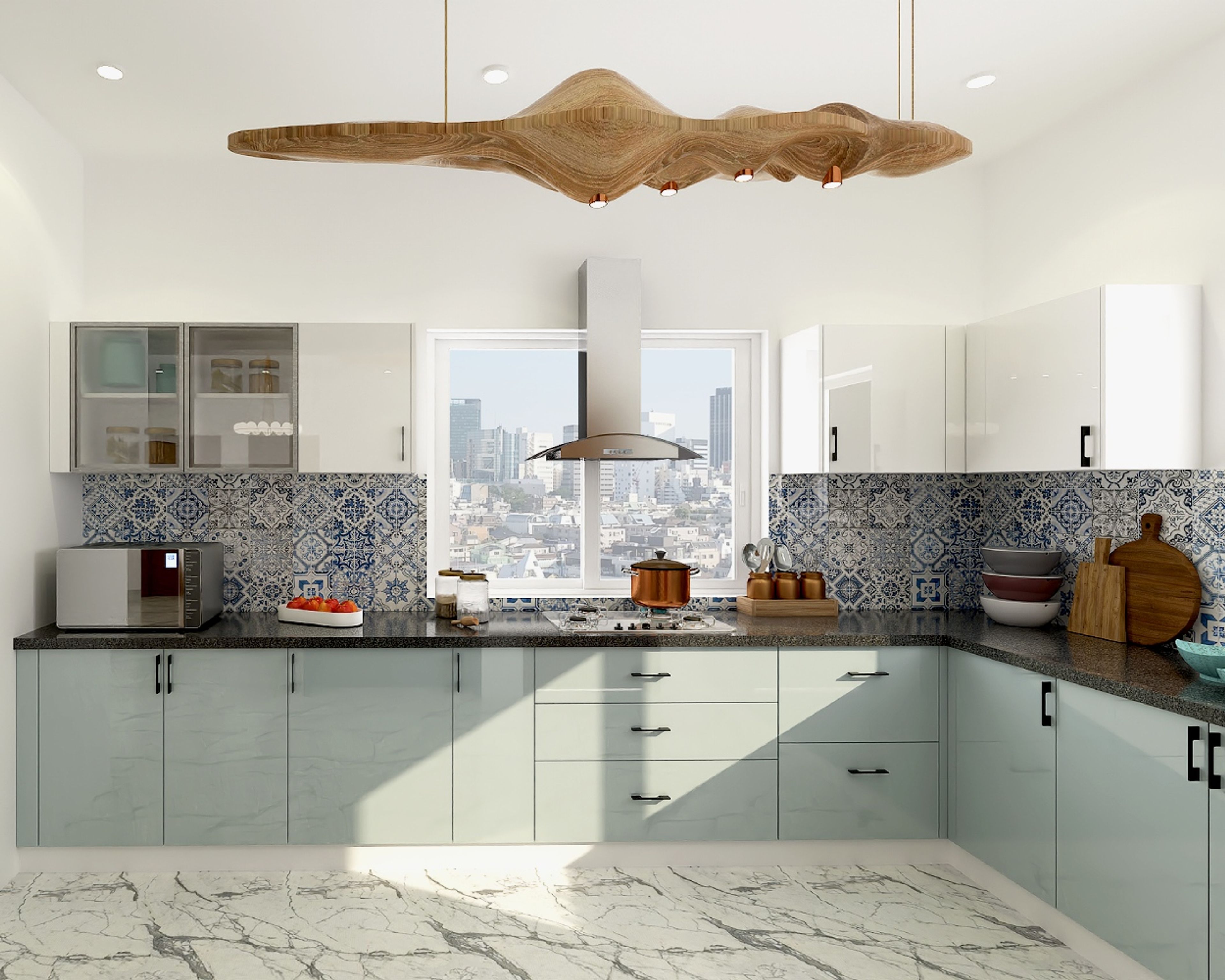 Contemporary L-Shaped Modular Kitchen Design with Silver Frost and Frosty White Accents