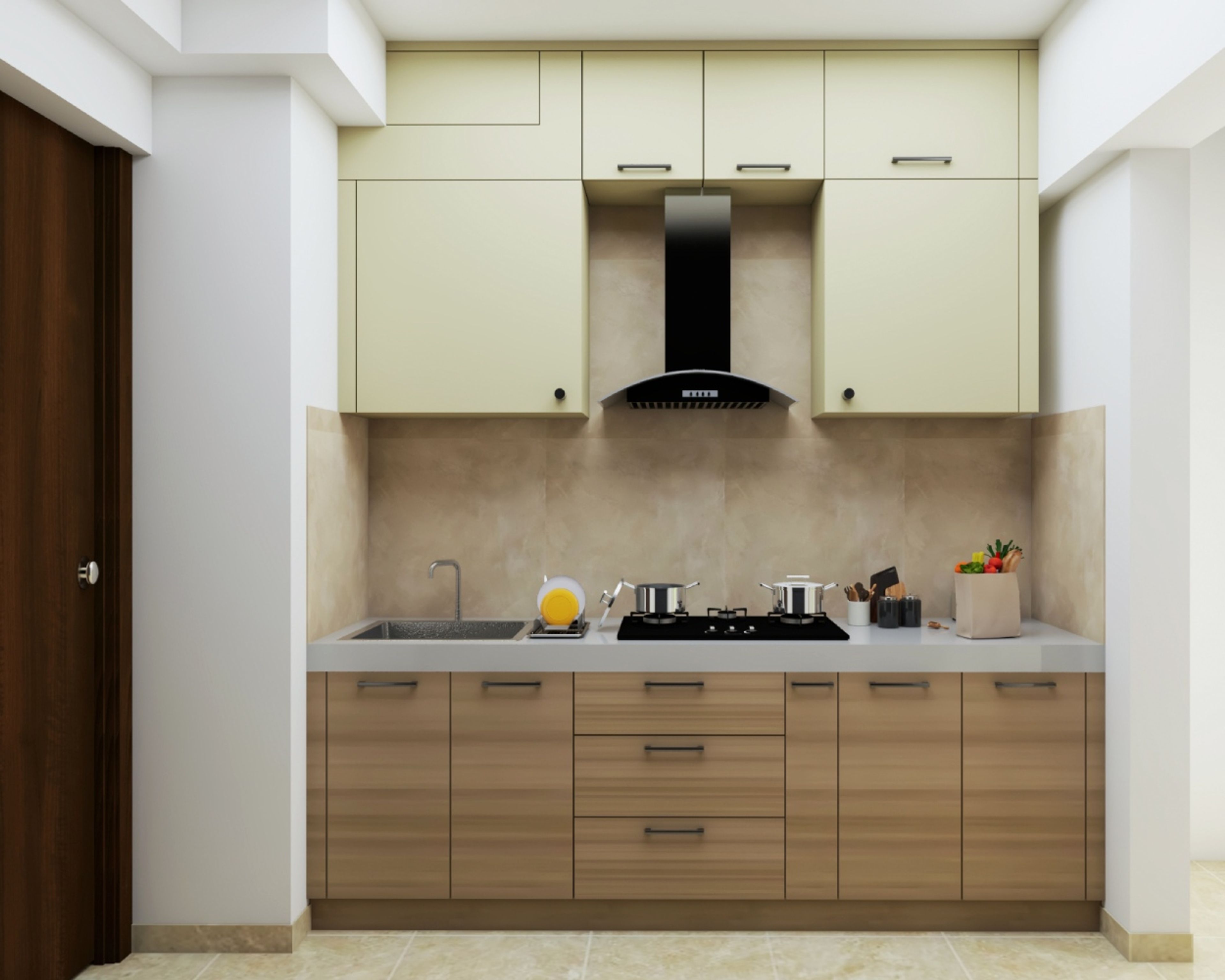 Modern Modular Parallel Teak and Magnolia Kitchen Design with Suede Finish
