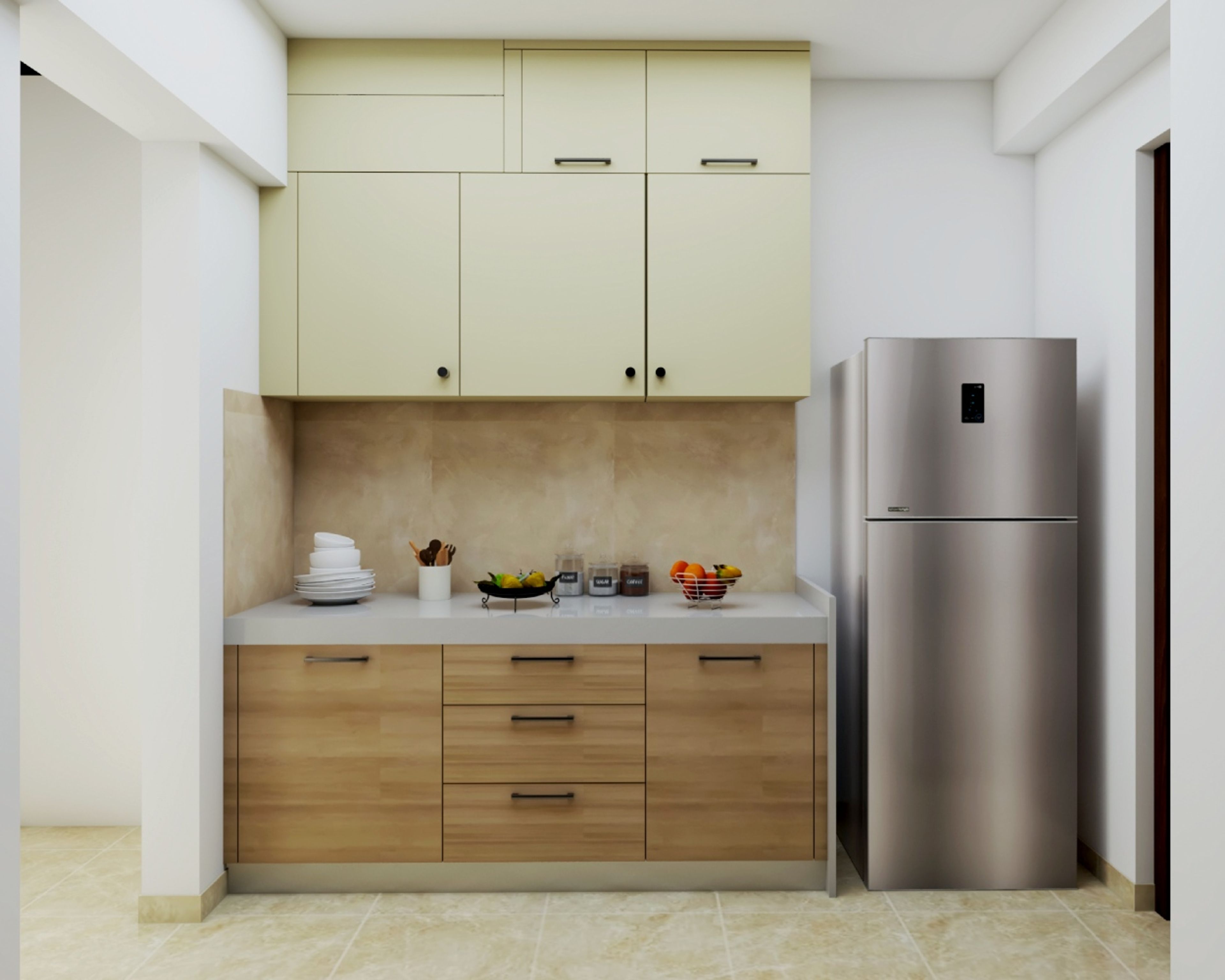 9x8 Ft Modern Teak and Magnolia Kitchen Design with Suede Finish - Livspace