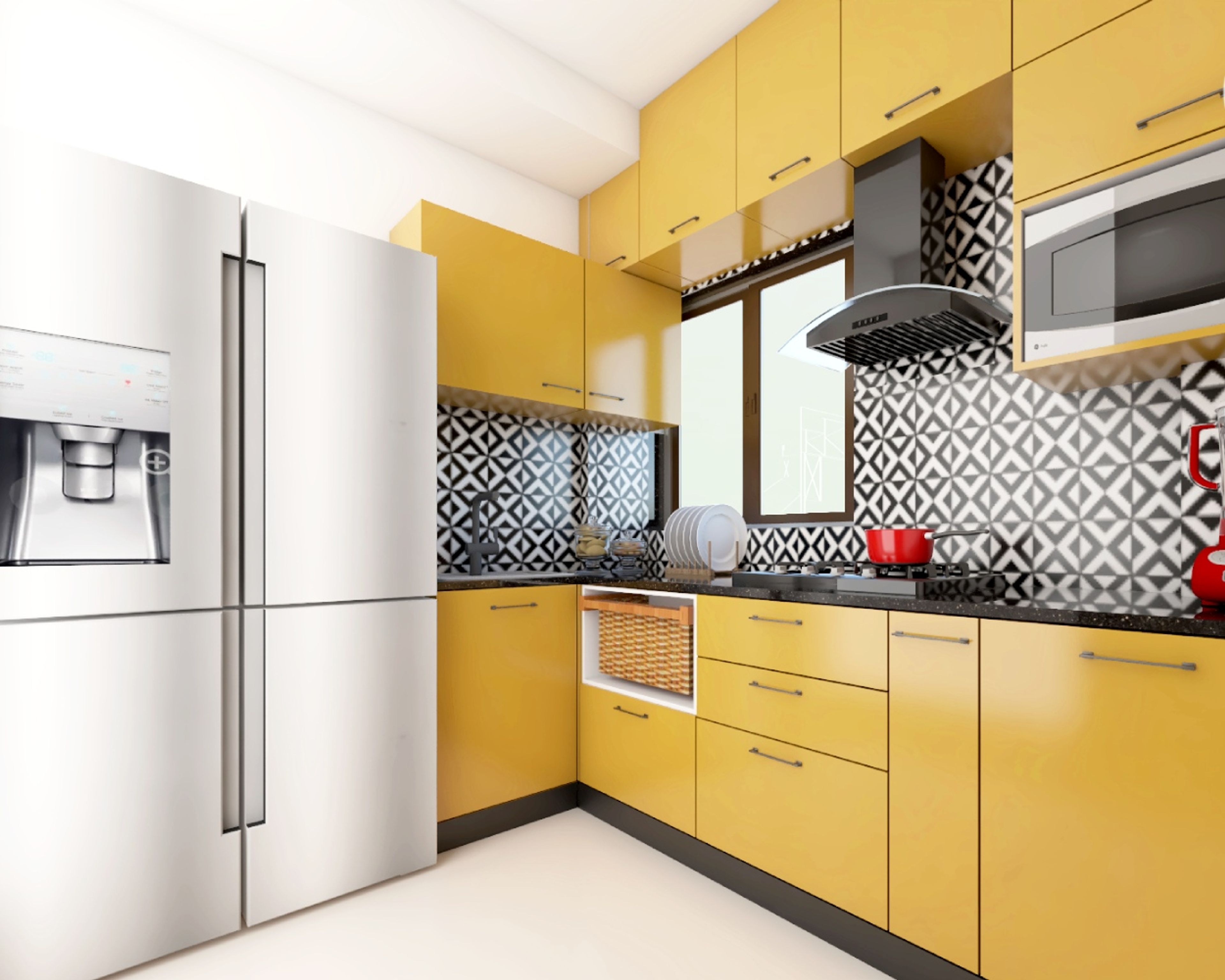 9x8 Ft Modern Peak Yellow Kitchen Design With Suede Finish - Livspace