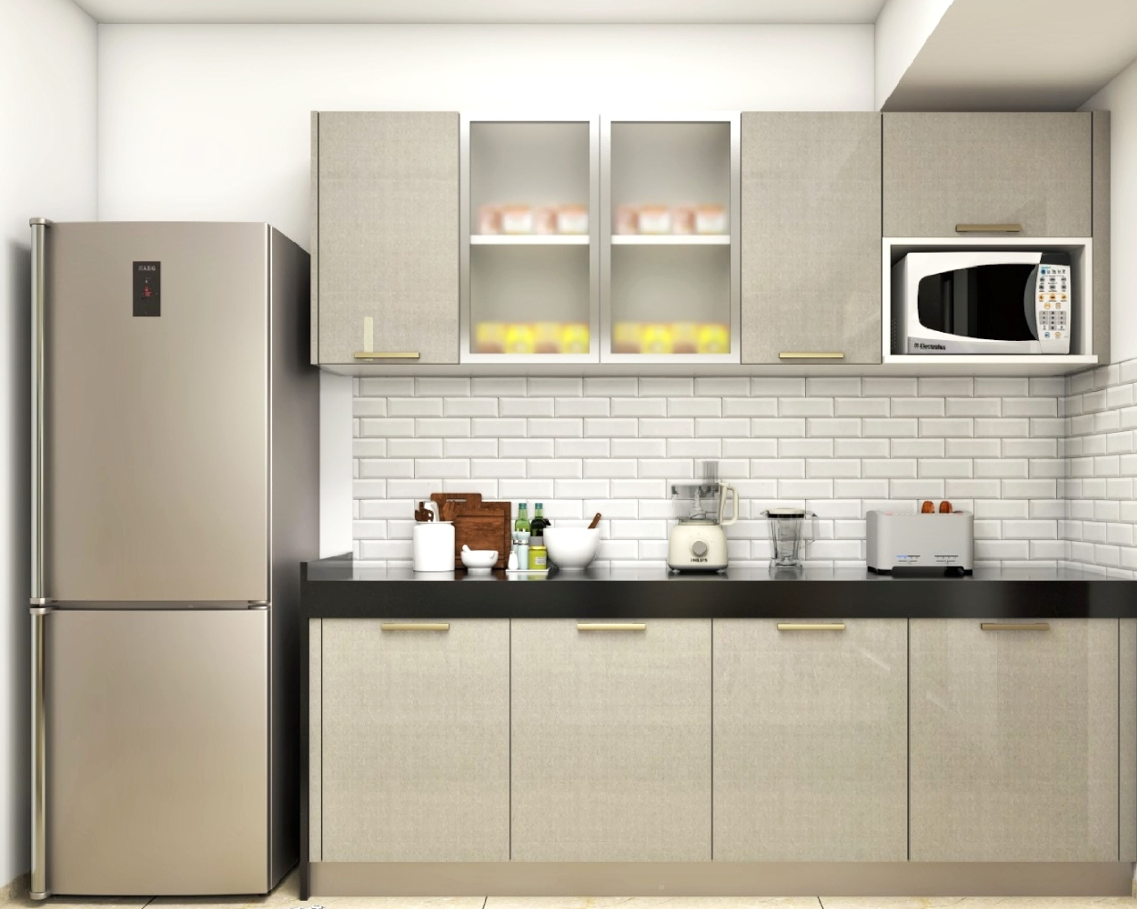 10x9 Ft Modern Kitchen Design with Ethnic Denim Splash Accents - Livspace