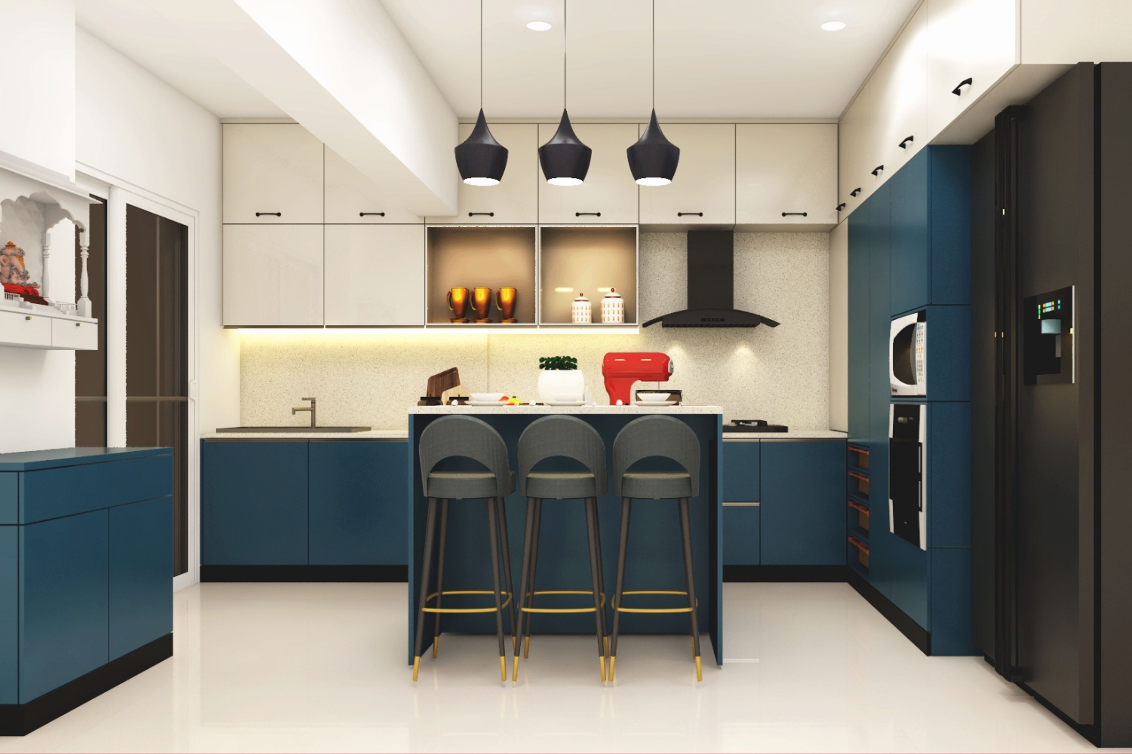 Modern Modular Island Kitchen Design with Shore Blue and Champagne Toned Cabinets
