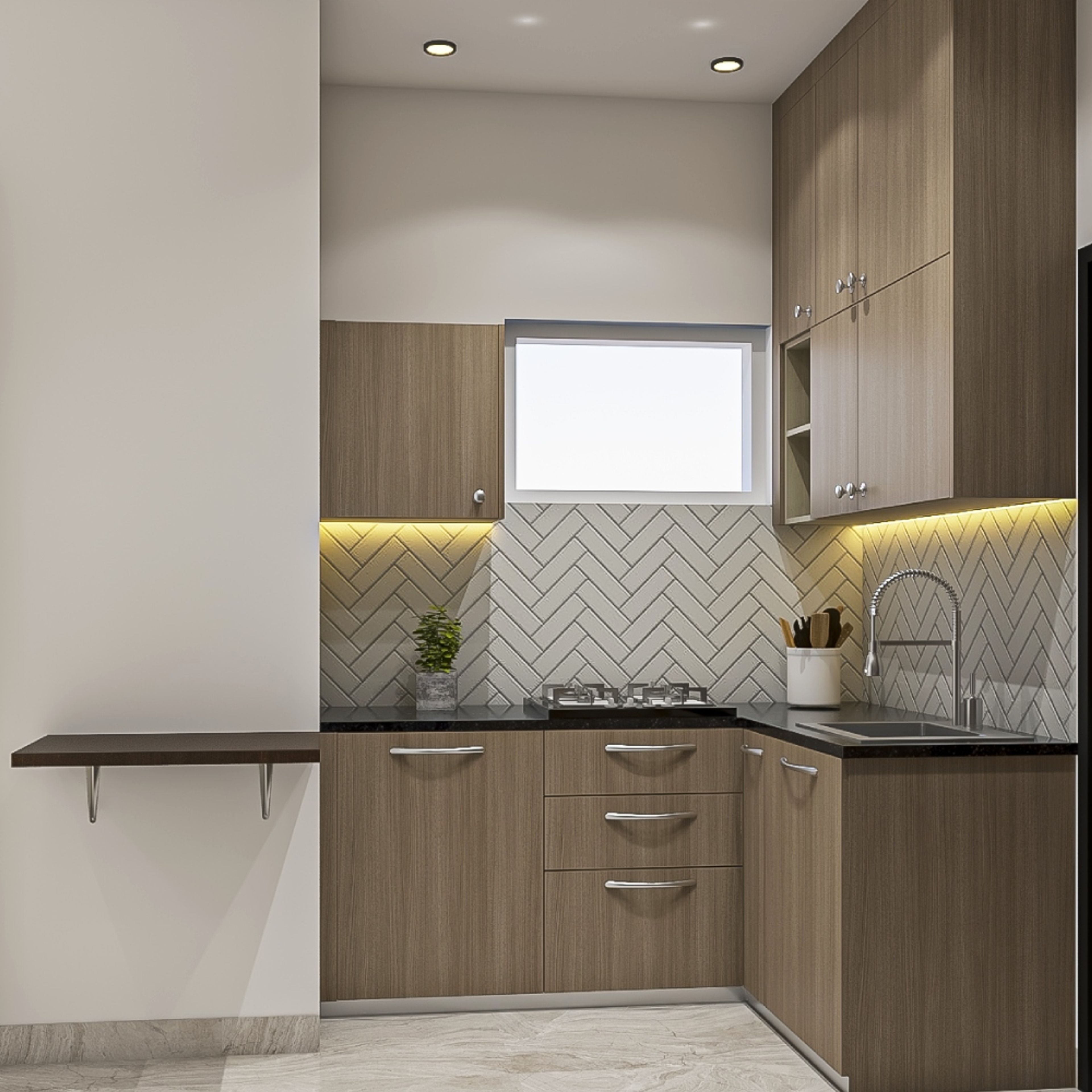 Modern L-Shape Modular Kitchen Design With Persian Vertical Walnut Cabinets