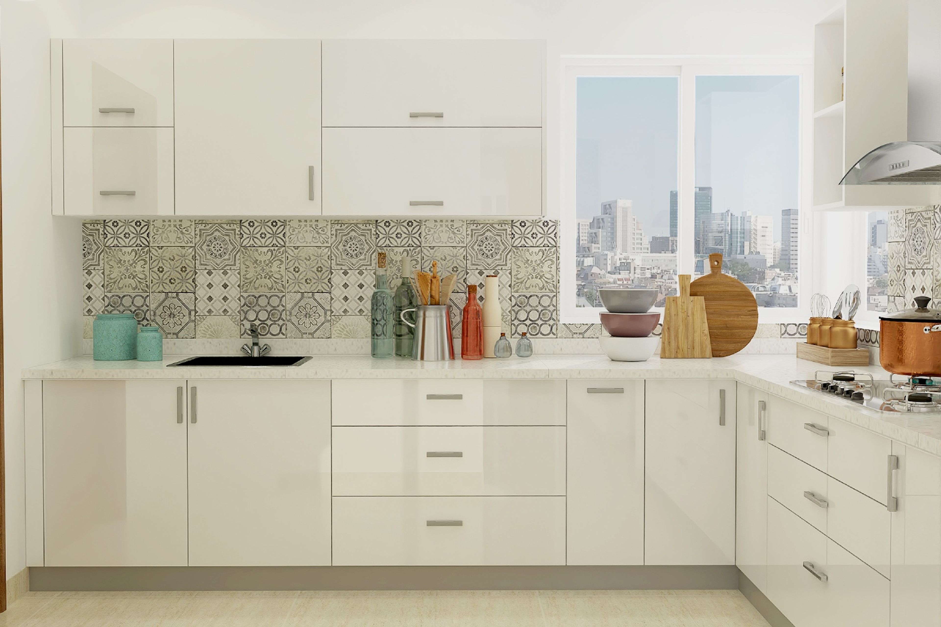 10x9 Ft Contemporary Frosty White Kitchen Design with High Gloss Finish, Marble Countertop  And Window View - Livspace