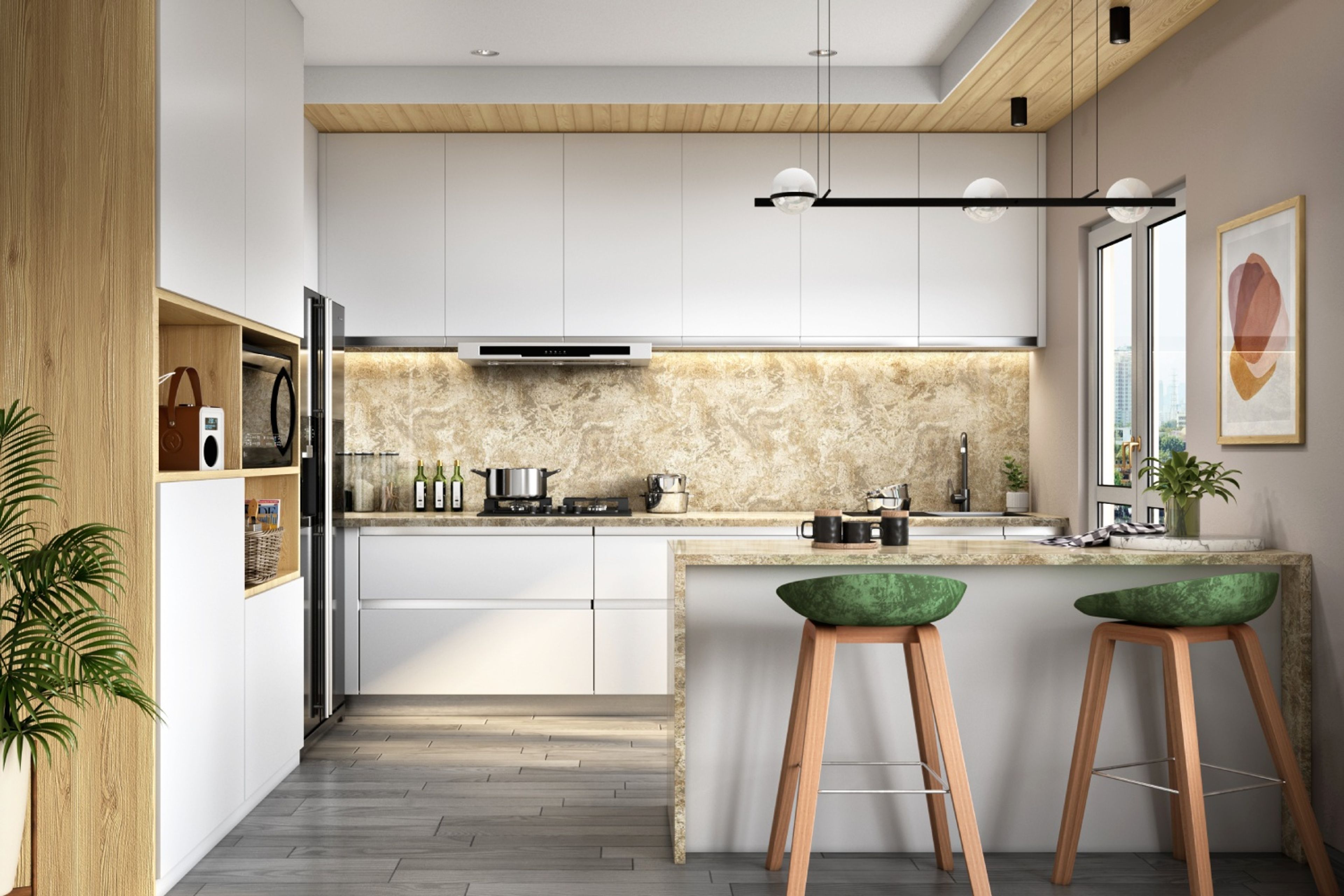 Contemporary White And Brown Modular Open Kitchen Design