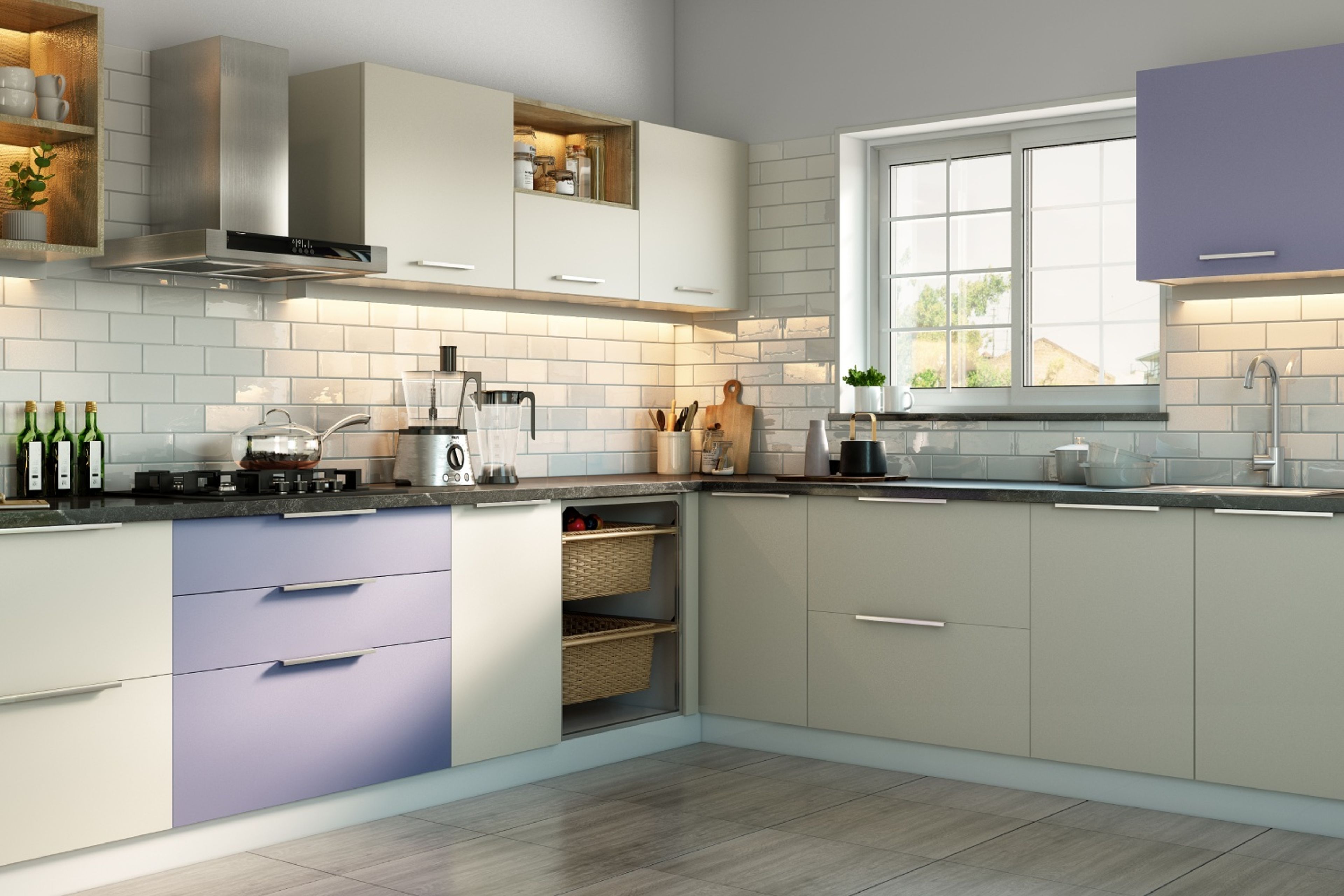 Contemporary L-Shape Modular Kitchen Design in Sand Satin and Lavender