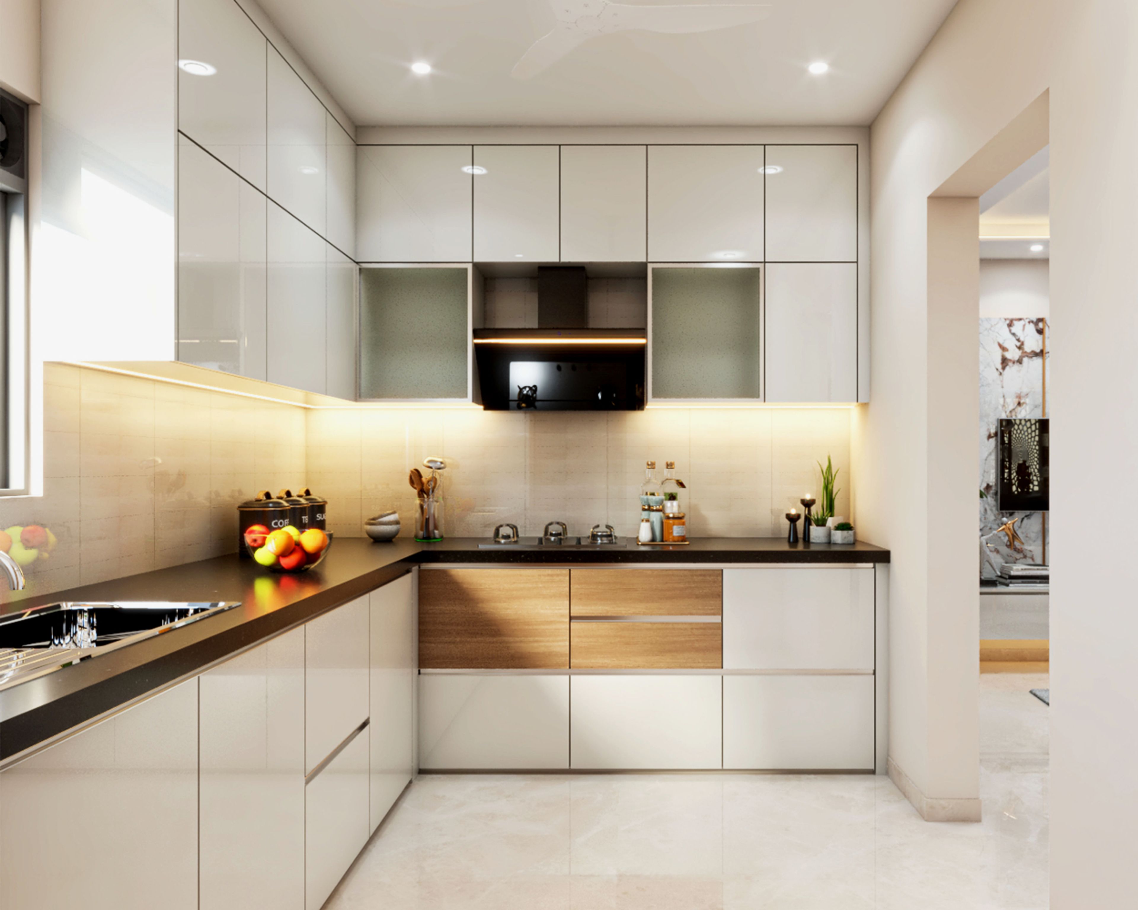 Modern Champagne And Walnut-Toned L Shape Kitchen Design