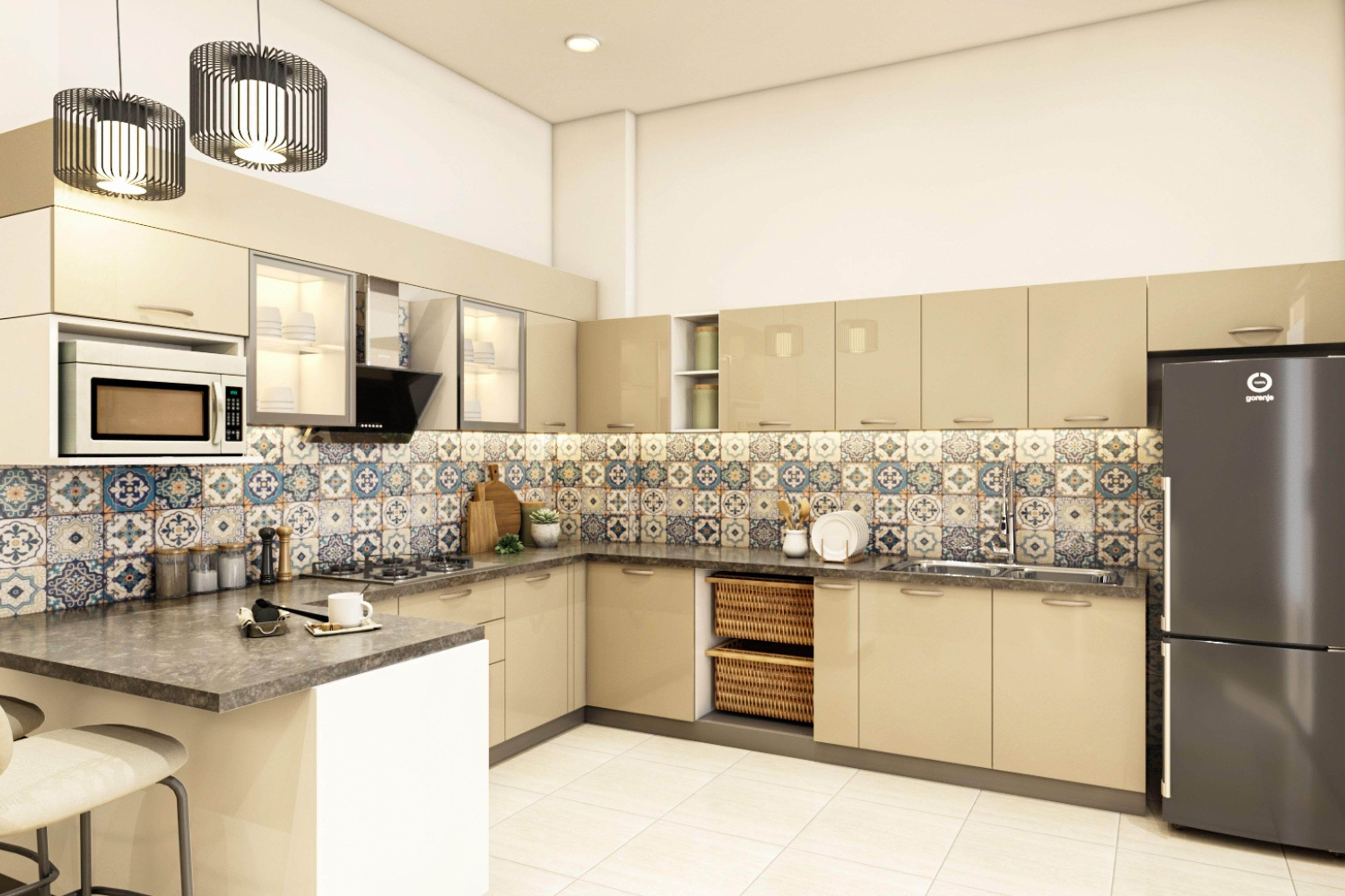 Modern Royal Pearl White Modular Open Kitchen Design With Moroccan Dado Tiles