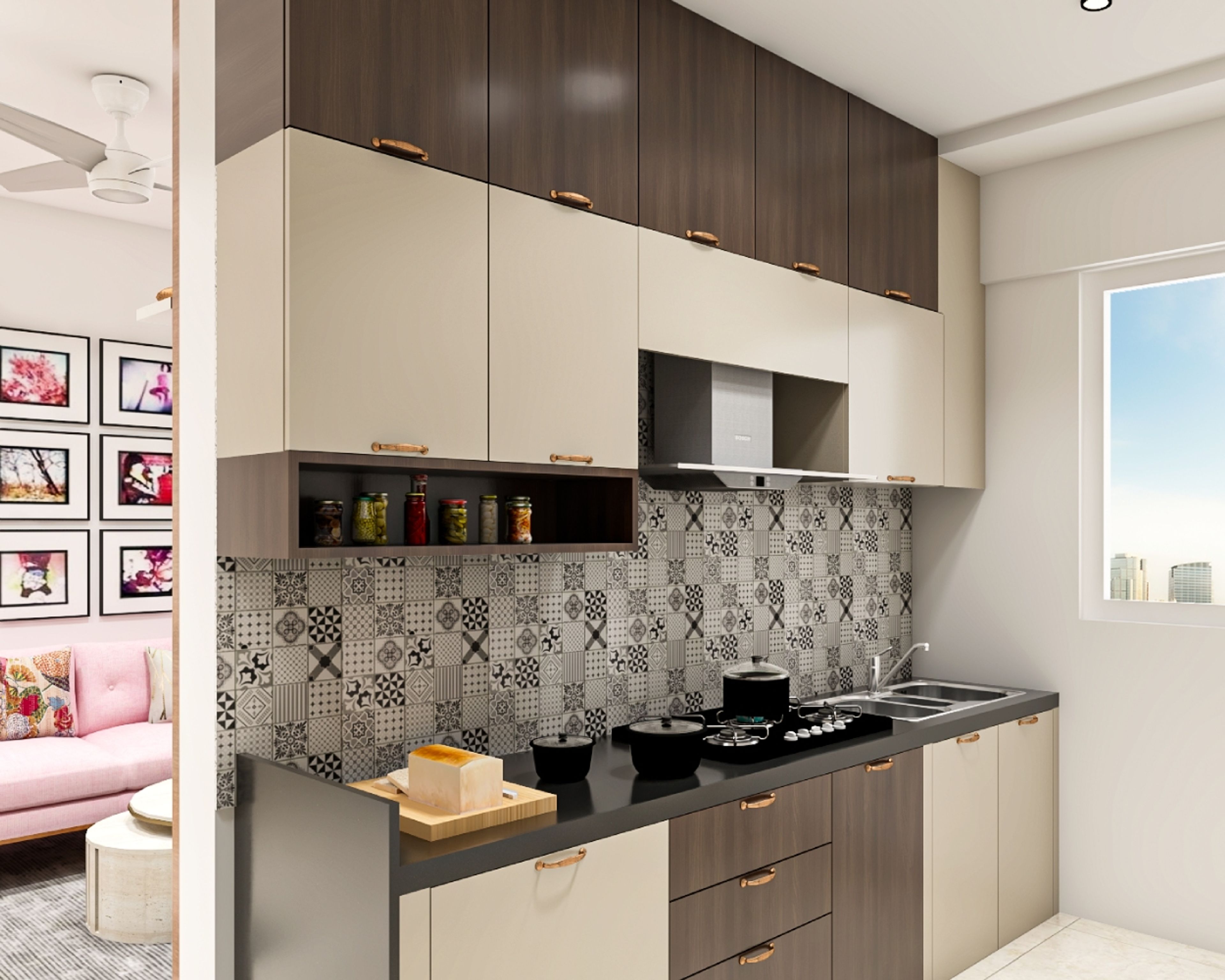 Modern Modular Parallel Kitchen Design With Black And White Dado Tiles
