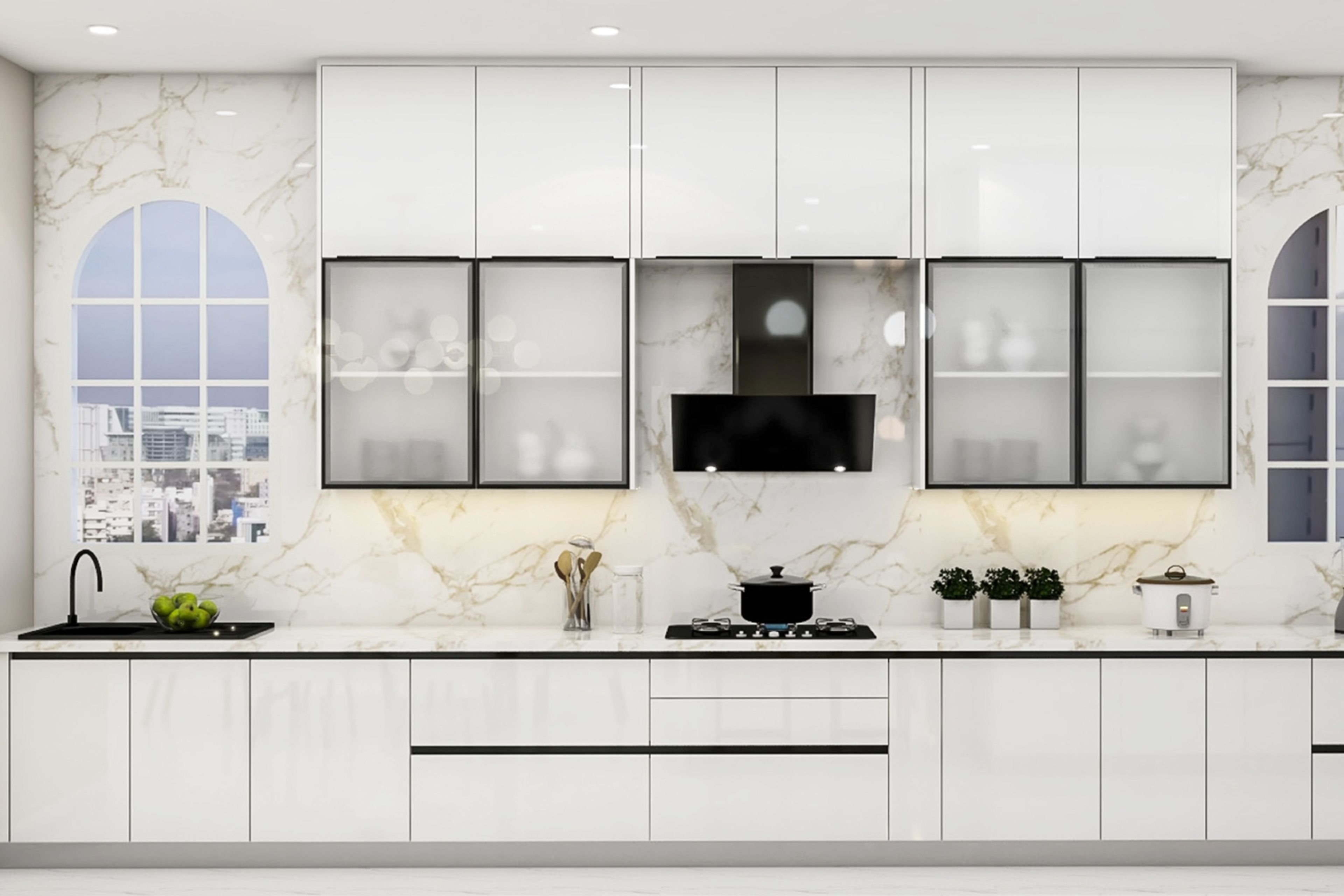 Contemporary Modular Open Kitchen Design In Frosty White With Frosted Shutters