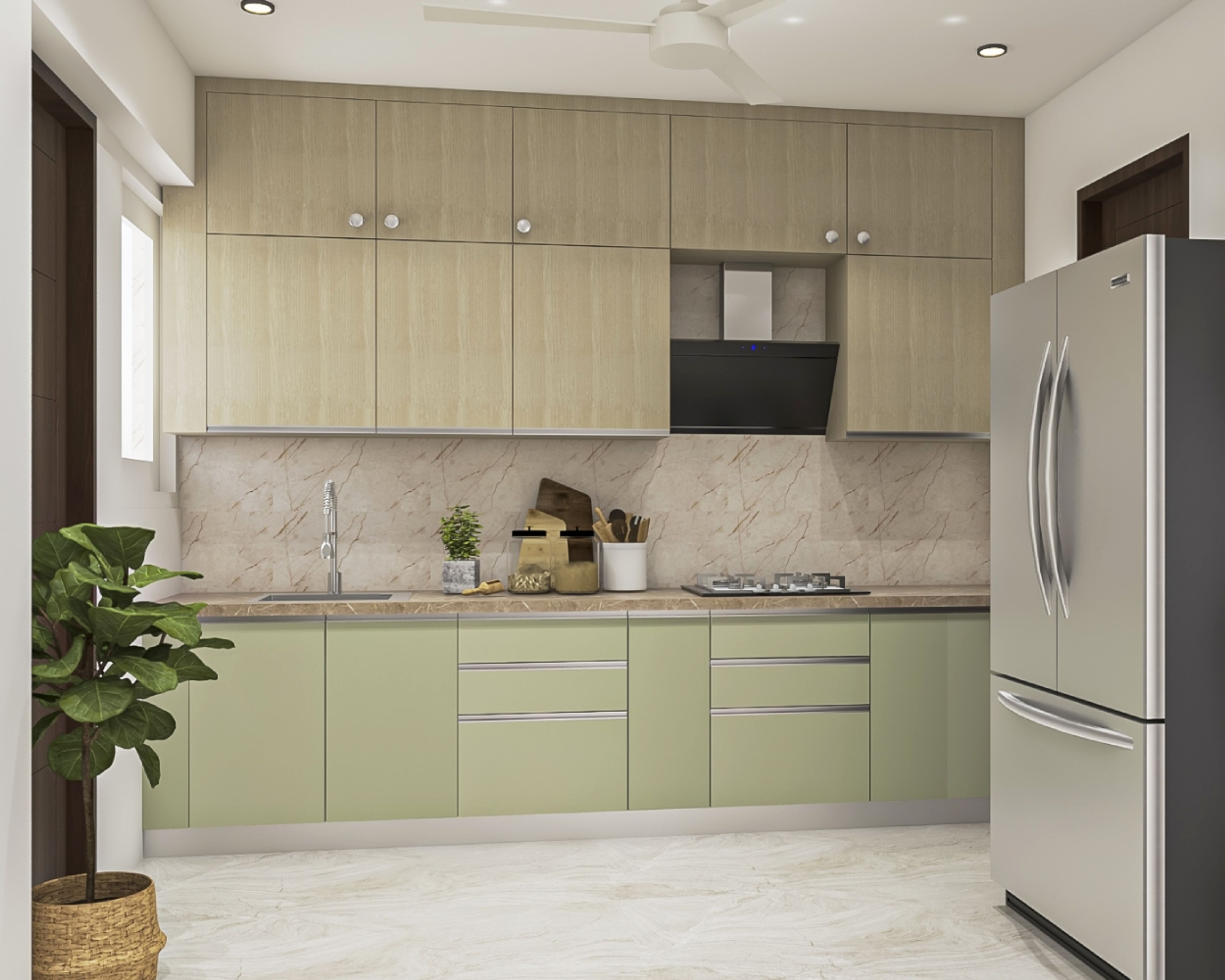 Modern Pista Green And Beige Modular Indian Kitchen Design