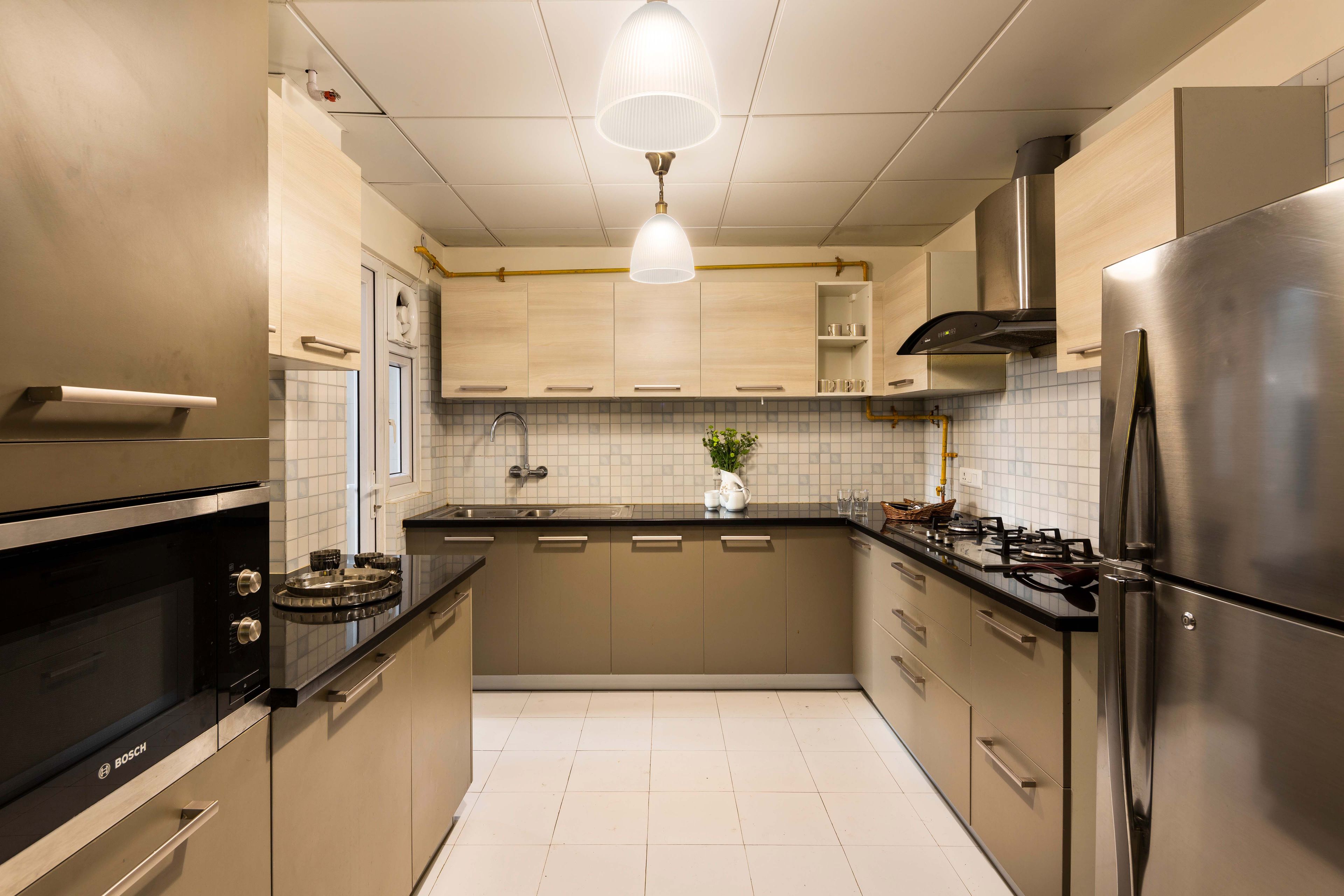 Contemporary L-Shape Modular Kitchen Design With Tan Base and Hooked Acacia Cabinets