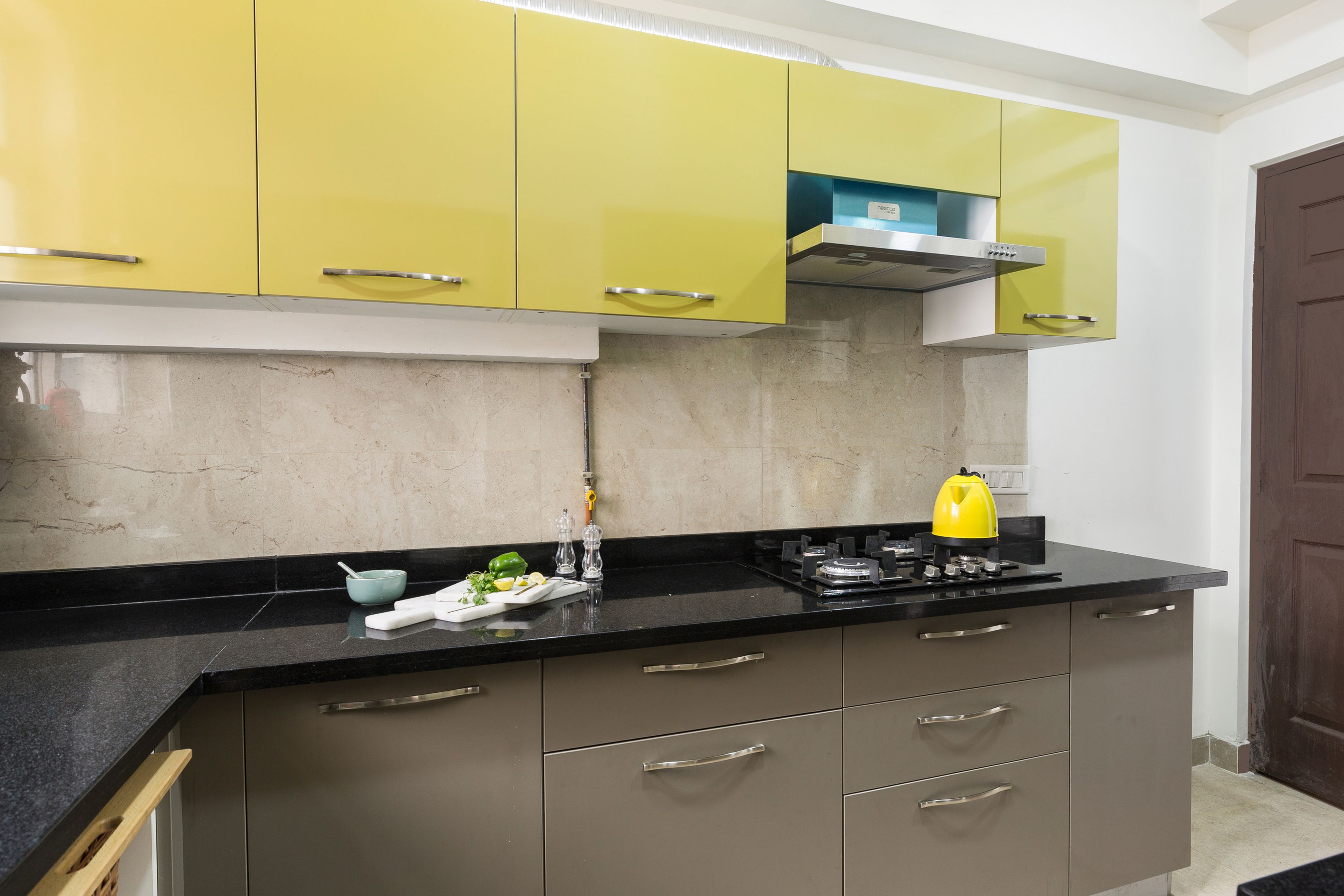 Modern Parallel Modular Kitchen Design With Dove Grey Base and Marigold Yellow Cabinets
