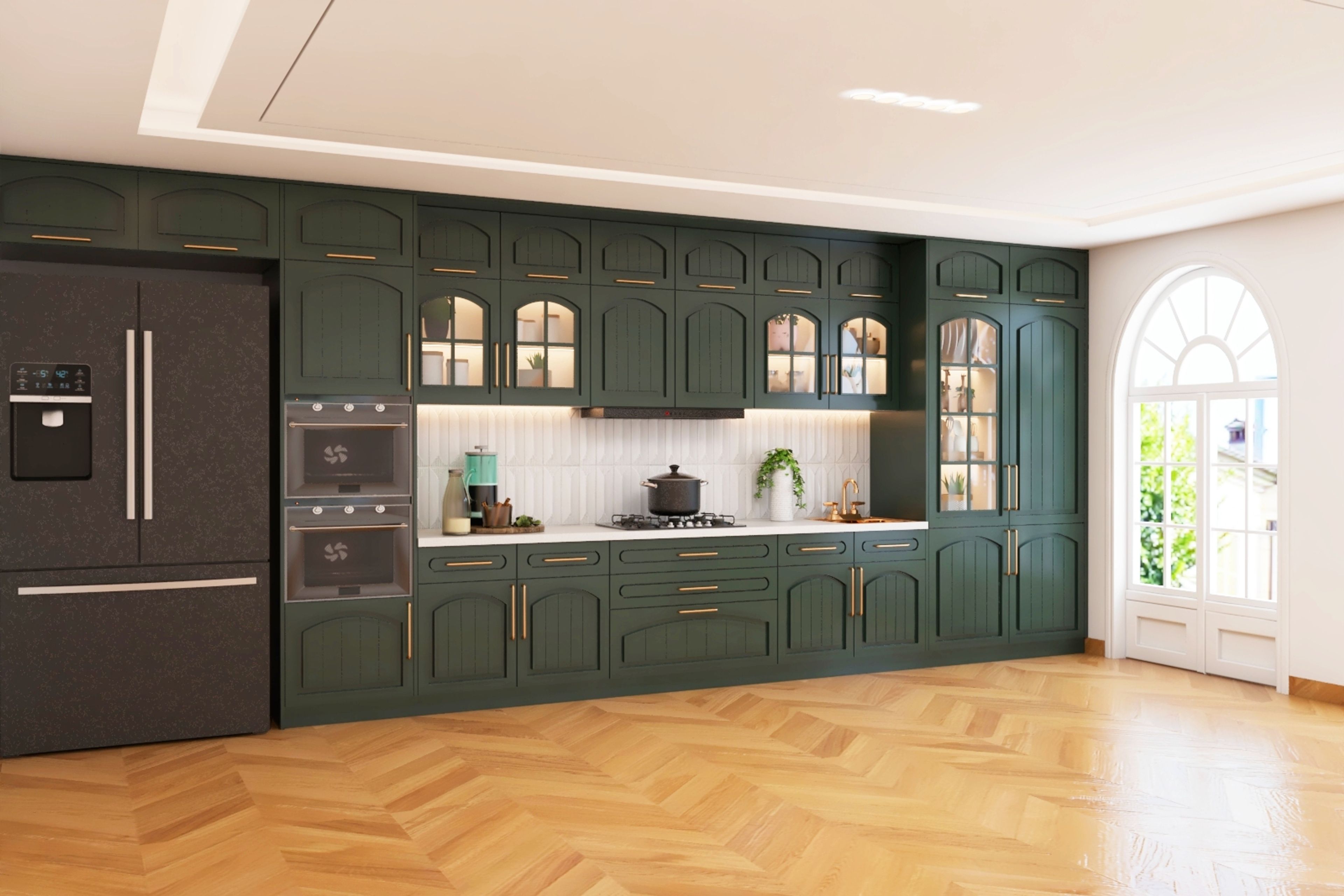 Classic Modular Straight Kitchen Design With White Backsplash