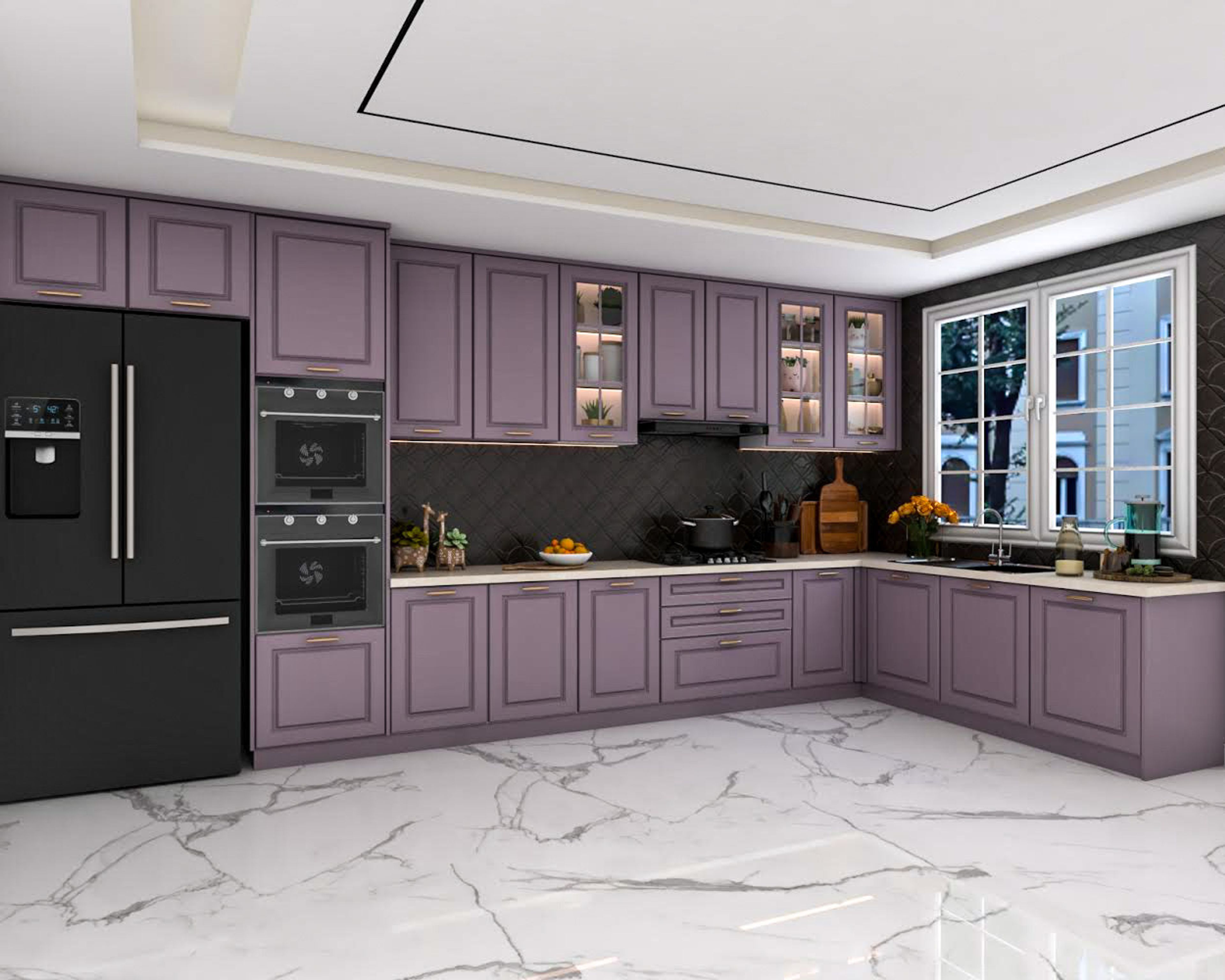 Contemporary L-Shaped Modular Kitchen Design With Purple Lilla Fiore Cabinets And Black Dado Tiles
