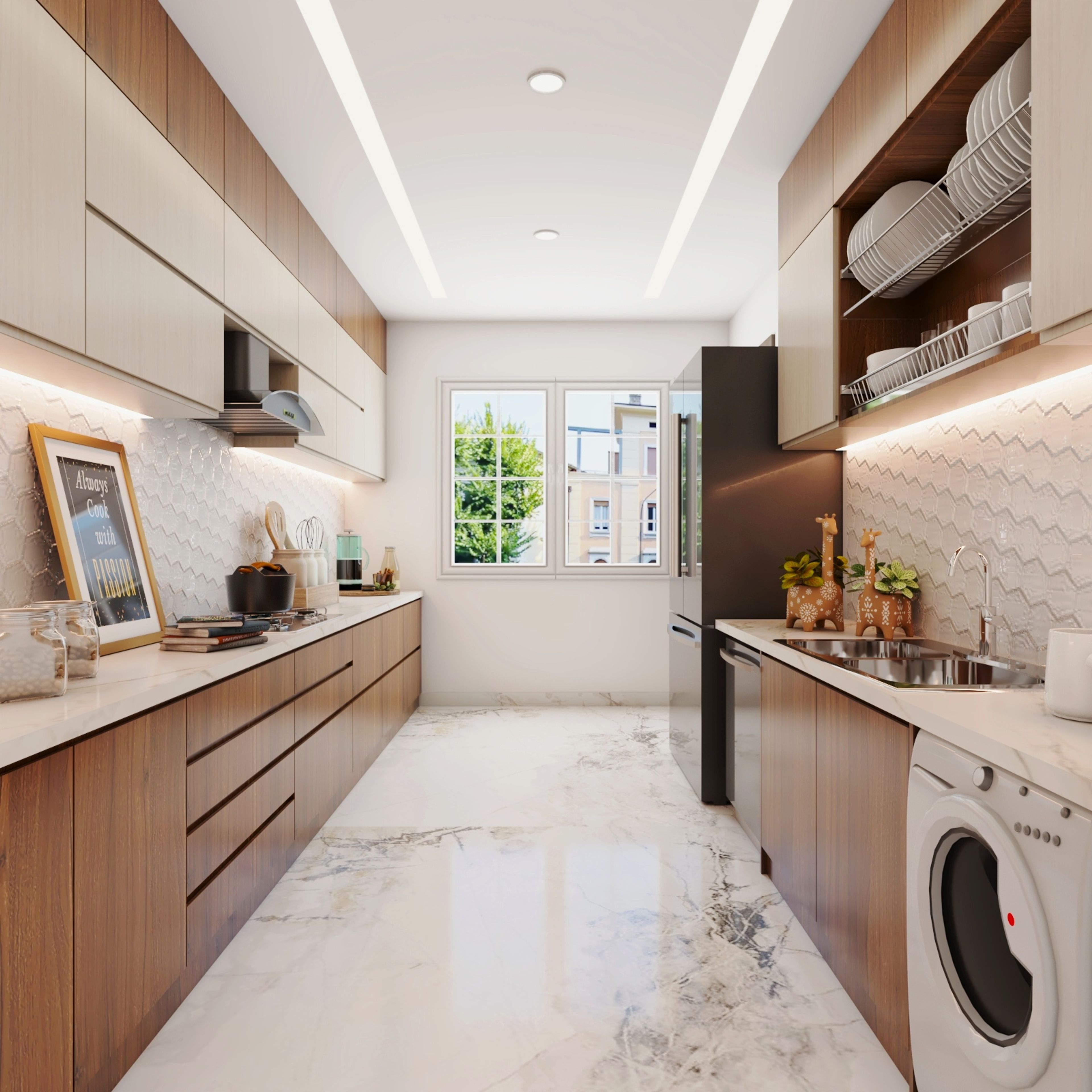 Modern Modular Parallel Kitchen Design With Tectona And Acacia Cabinets