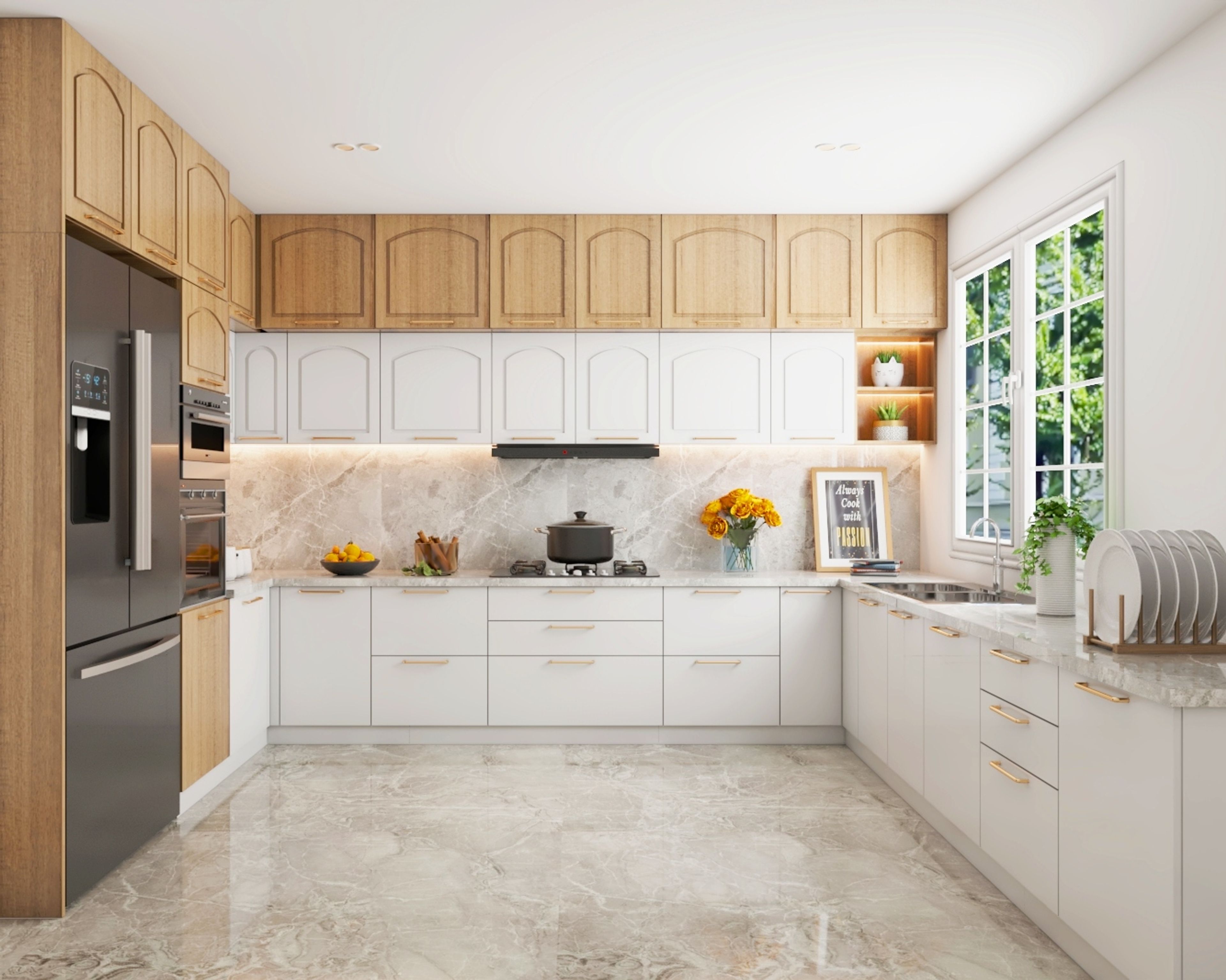 Classic U-Shaped Kitchen Design In Wood And White With Marble Backsplash