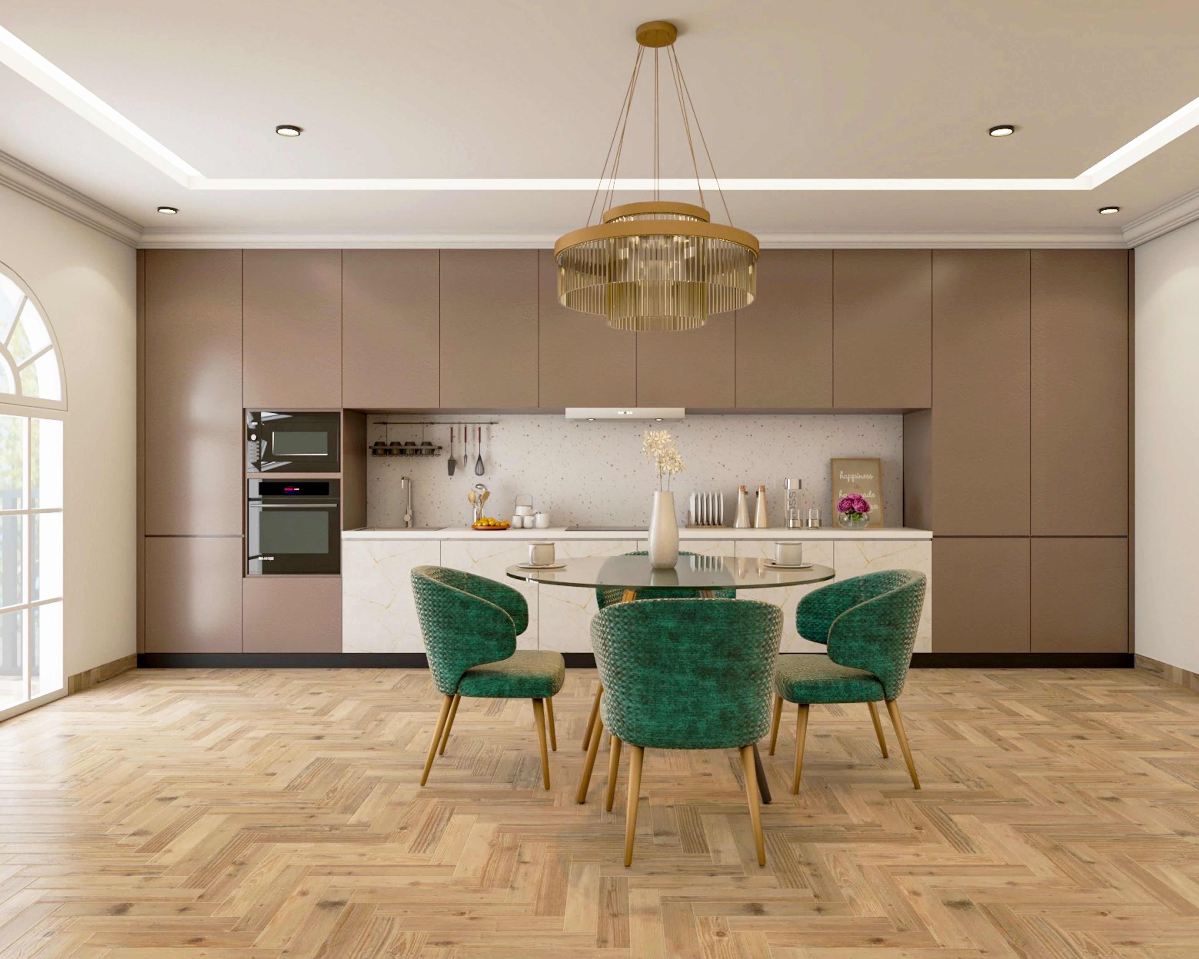 Contemporary Modular Straight Kitchen Design Terazzo Backsplash