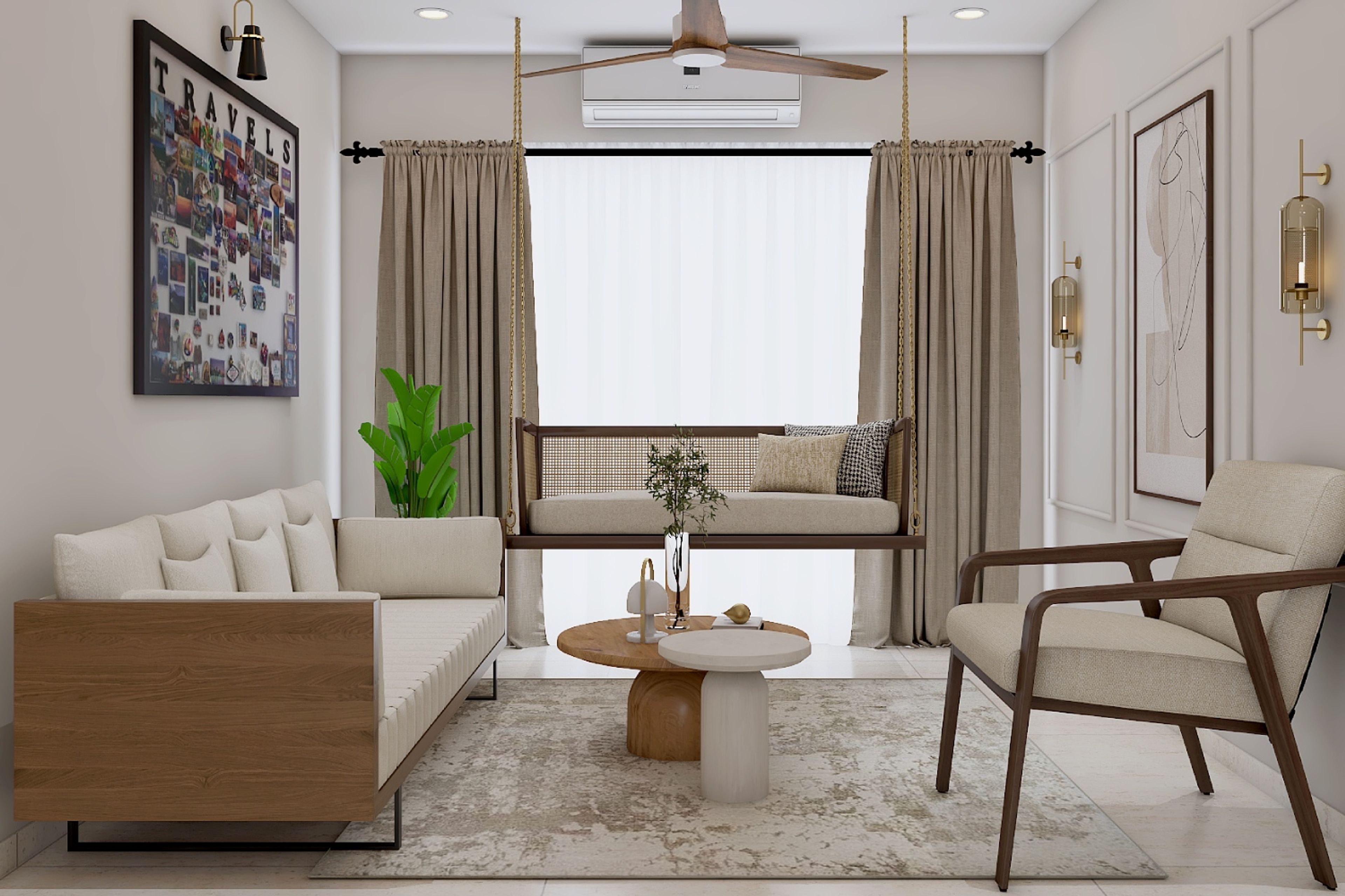 12x12 Ft Living Room Design With 4-Seater Cream Sofa And Wooden Swing - Livspace