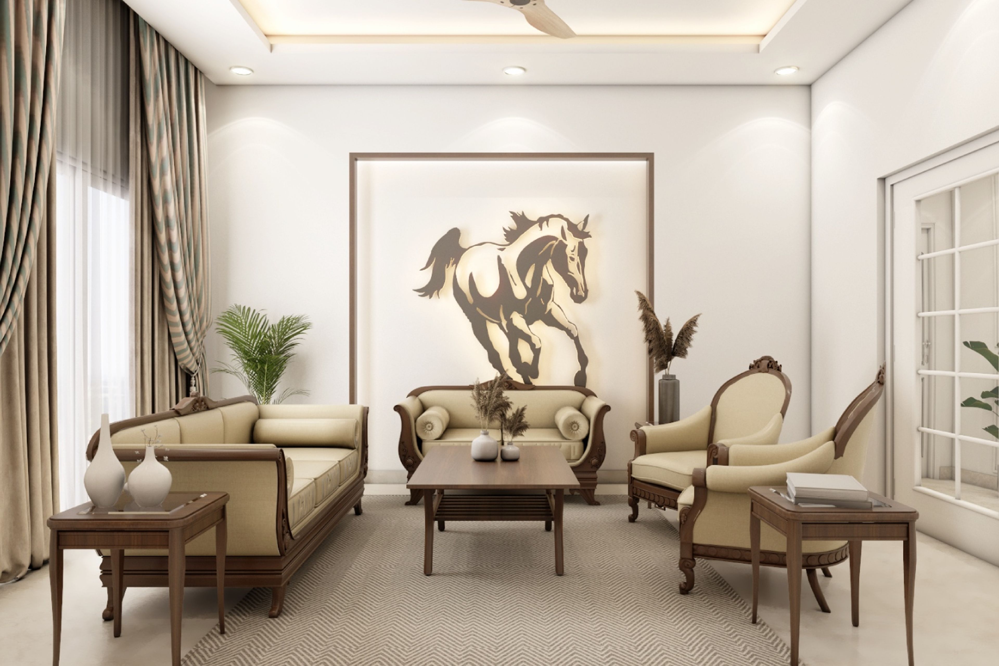 12x12 Ft Living Room Design With Wooden Sofa Set And Wooden Coffee Table - Livspace