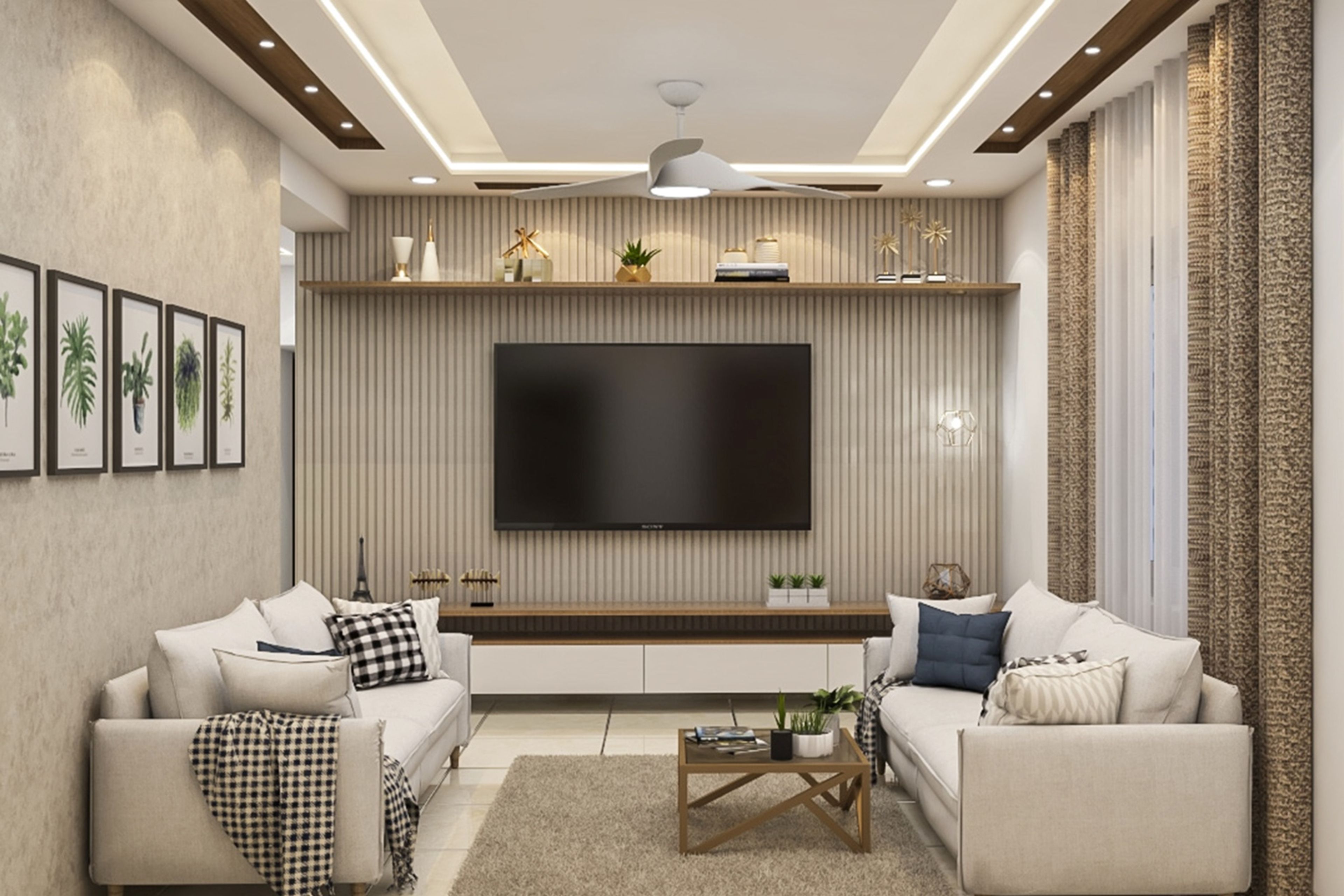 12x13 Ft Modern Living Room Design With White Sofa And Beige-Toned TV Wall Panel - Livspace