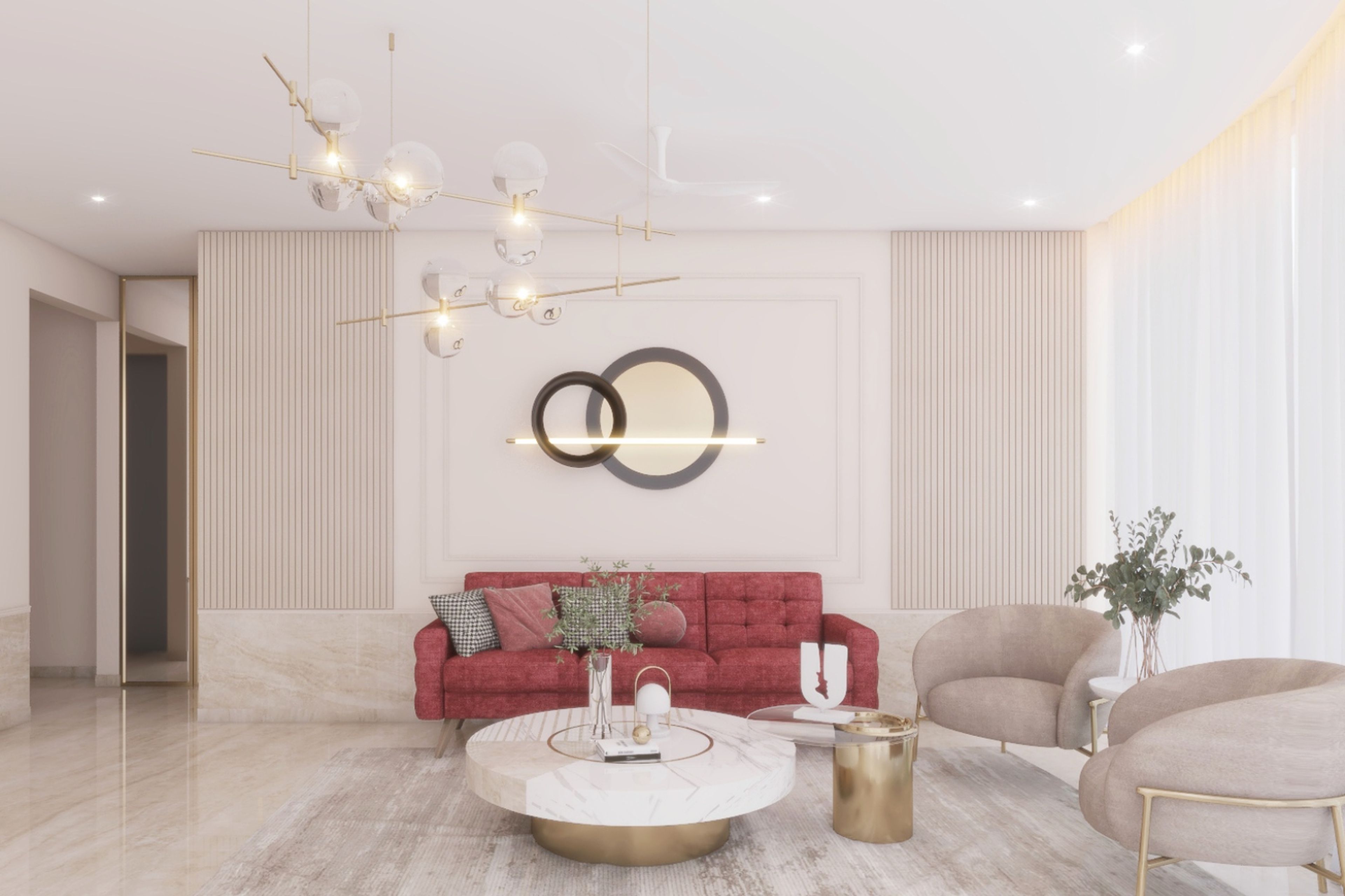 15x13 Ft  Beige And Red Living Room Design With Fluted Panelling For Accent Wall - Livspace