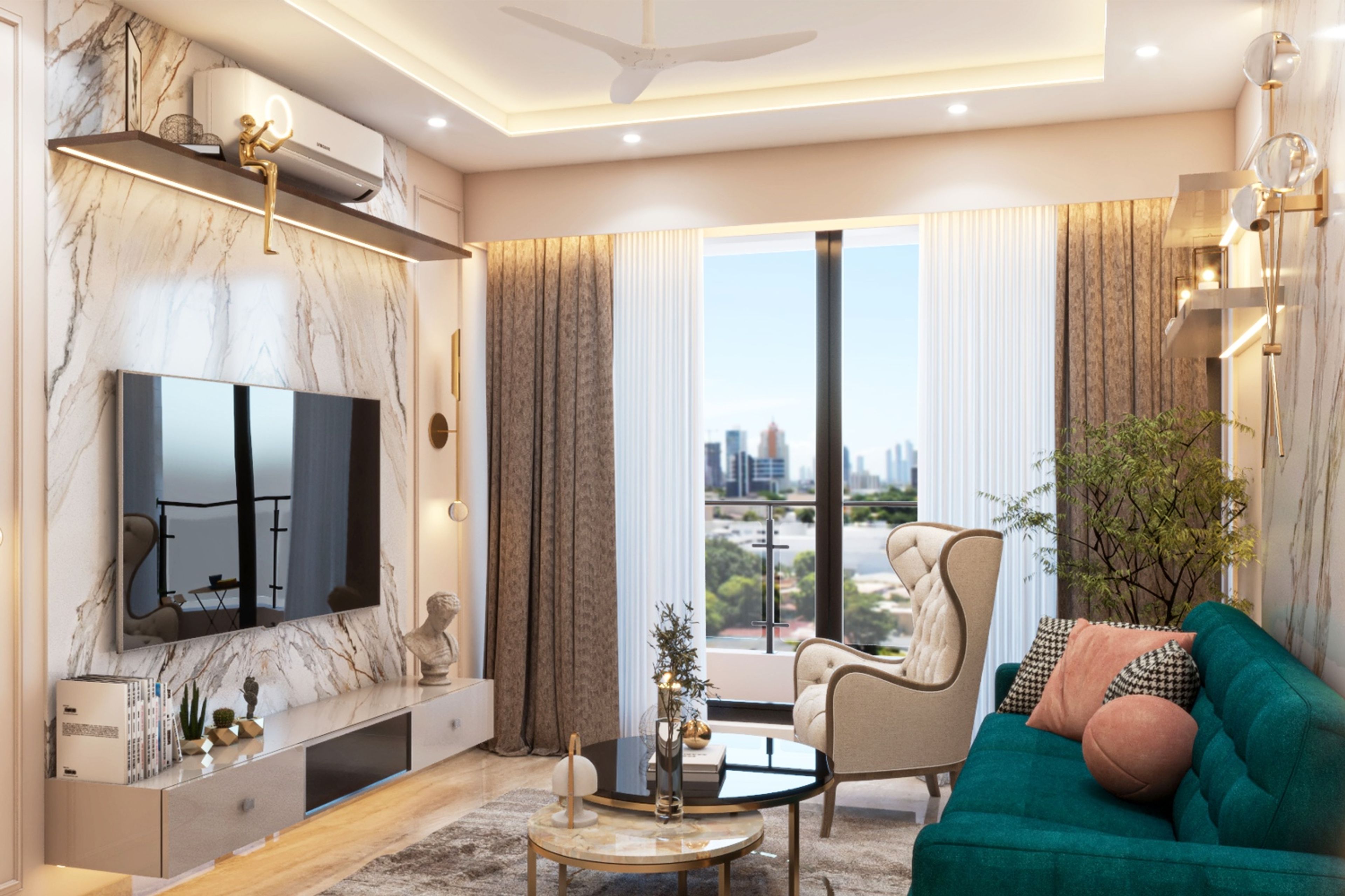 11x11 Ft  Living Room Design With Teal Blue Sofa And Beige TV Unit - Livspace