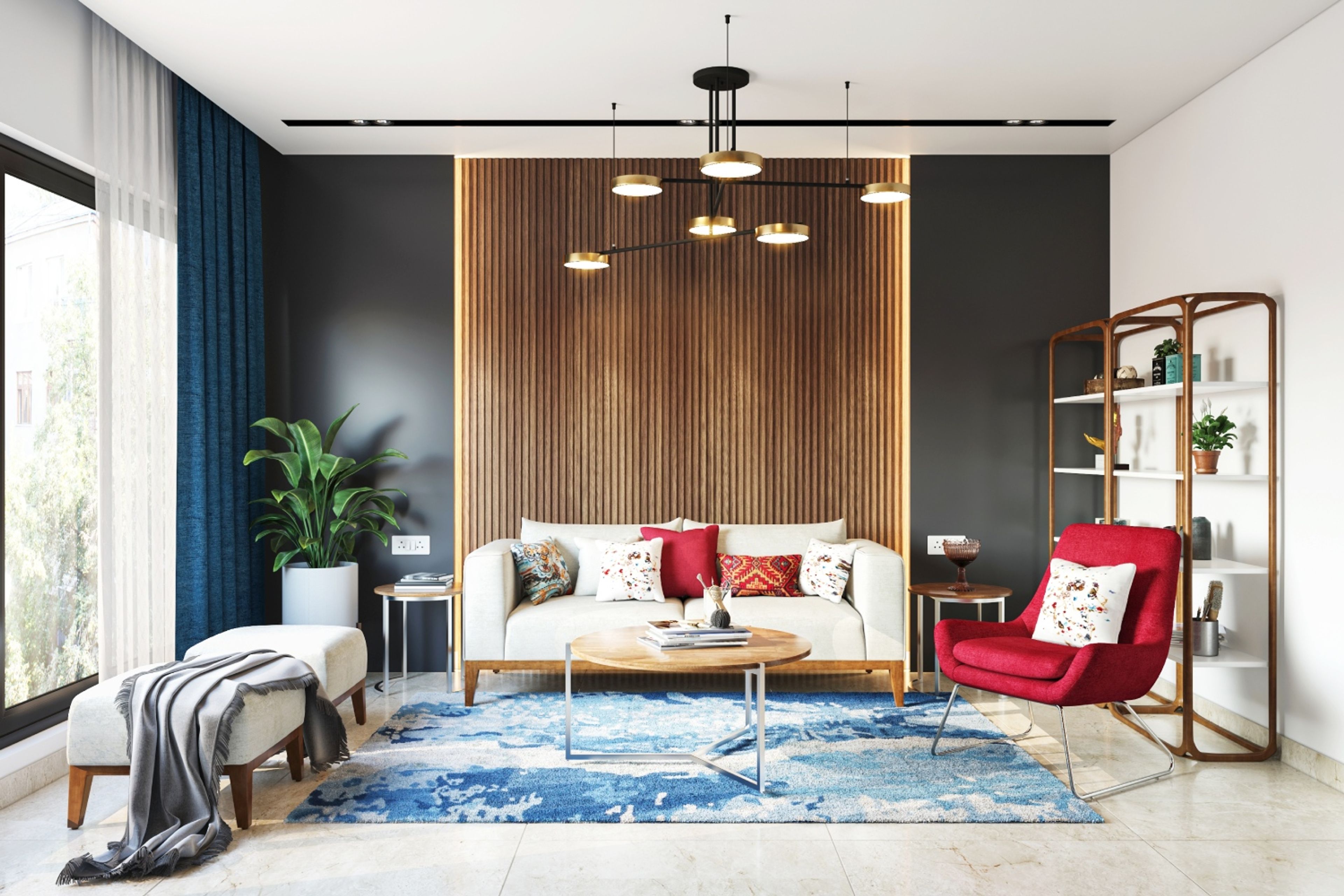 13x11 Ft Living Room Design With Beige 3-Seater Sofa And Red Upholstered Accent Chair - Livspace