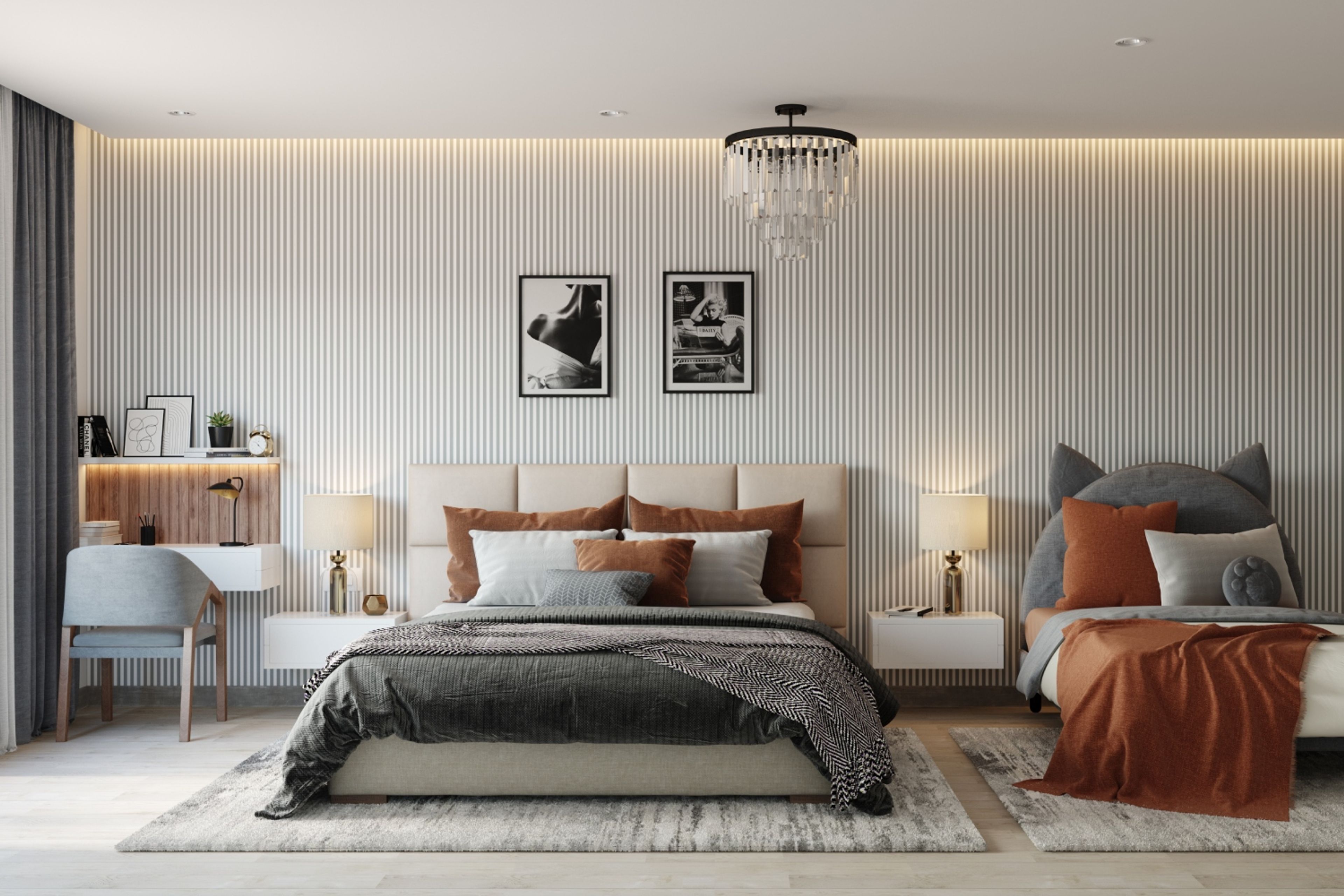 Contemporary Spacious Master Bedroom Design With Beige Panelled Wall
