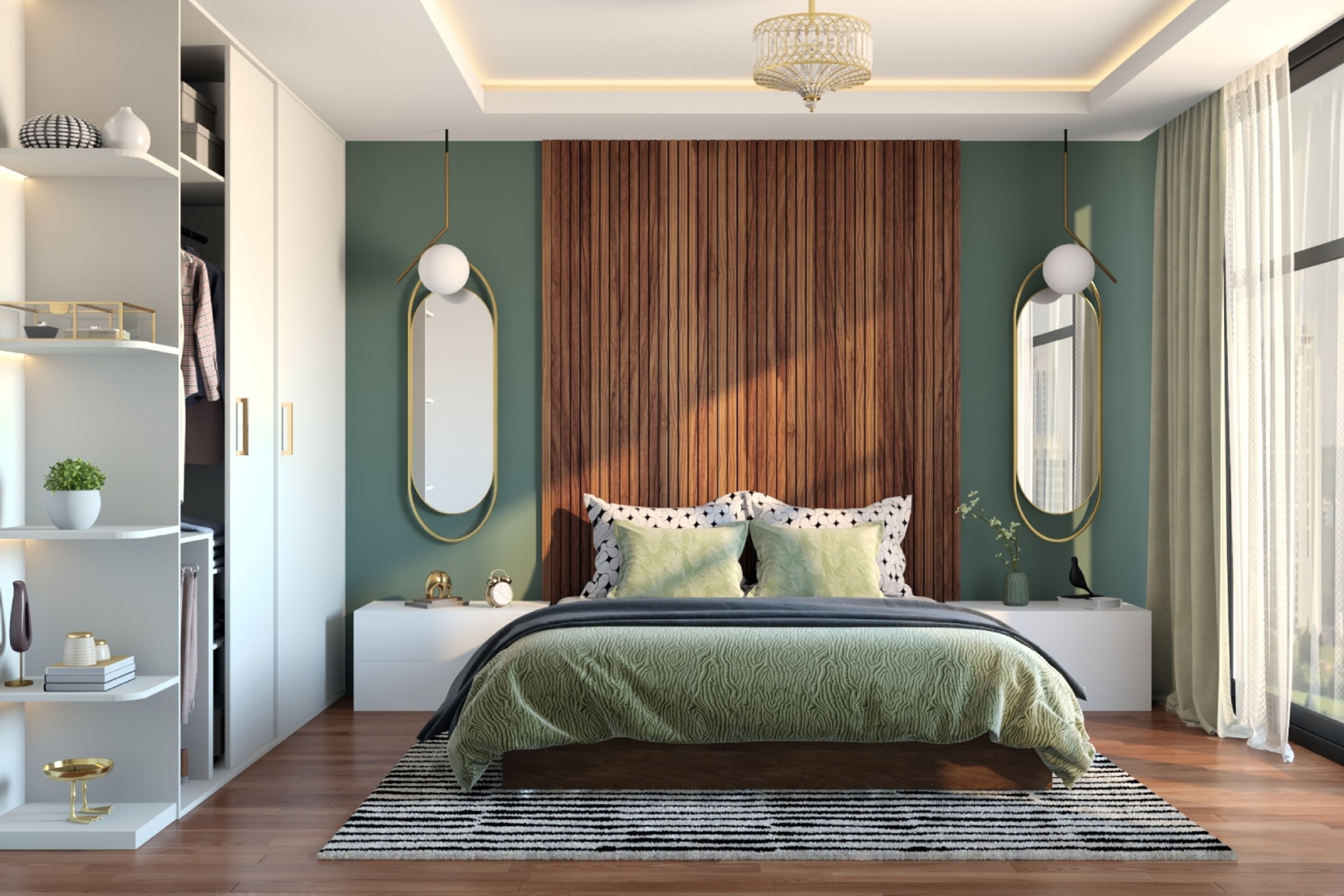 Art Deco Master Bedroom Design With Dark Green Accent Wall And Wooden Fluted Panels - Livspace