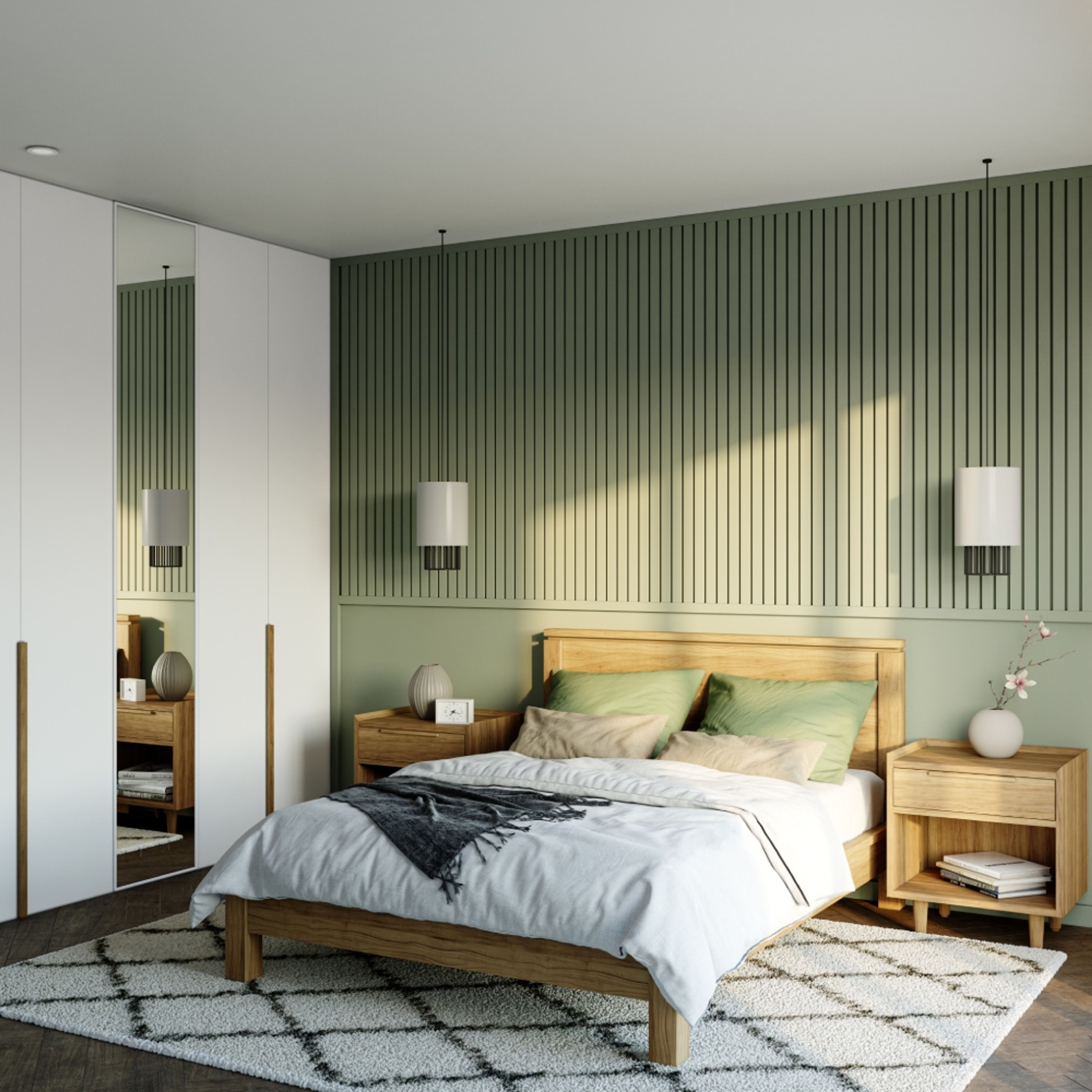 Contemporary Master Bedroom Design With White Swing Wardrobe And Autumn Leaf Accent Wall