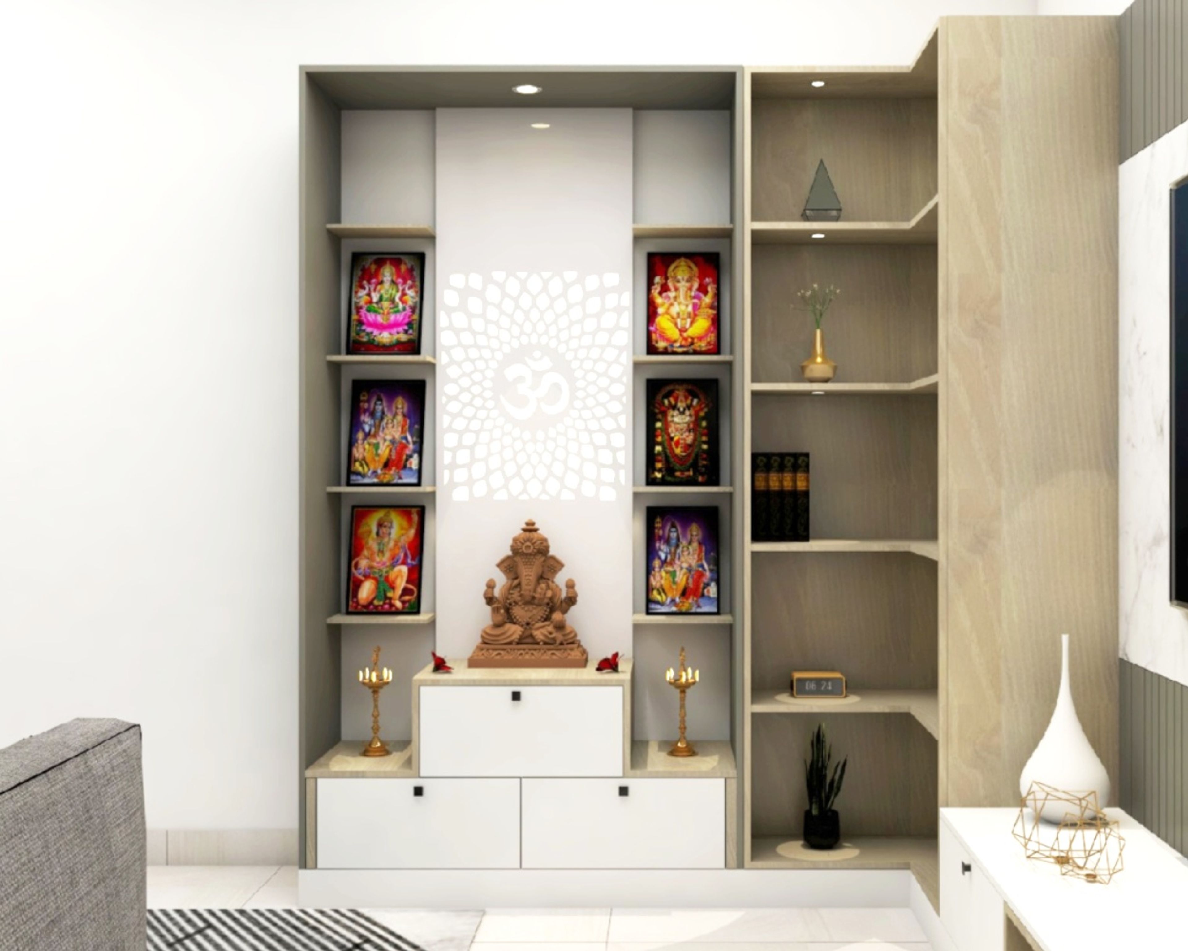 3x1x7 Ft Contemporary Mandir Unit Design In White And Brown - Livspace