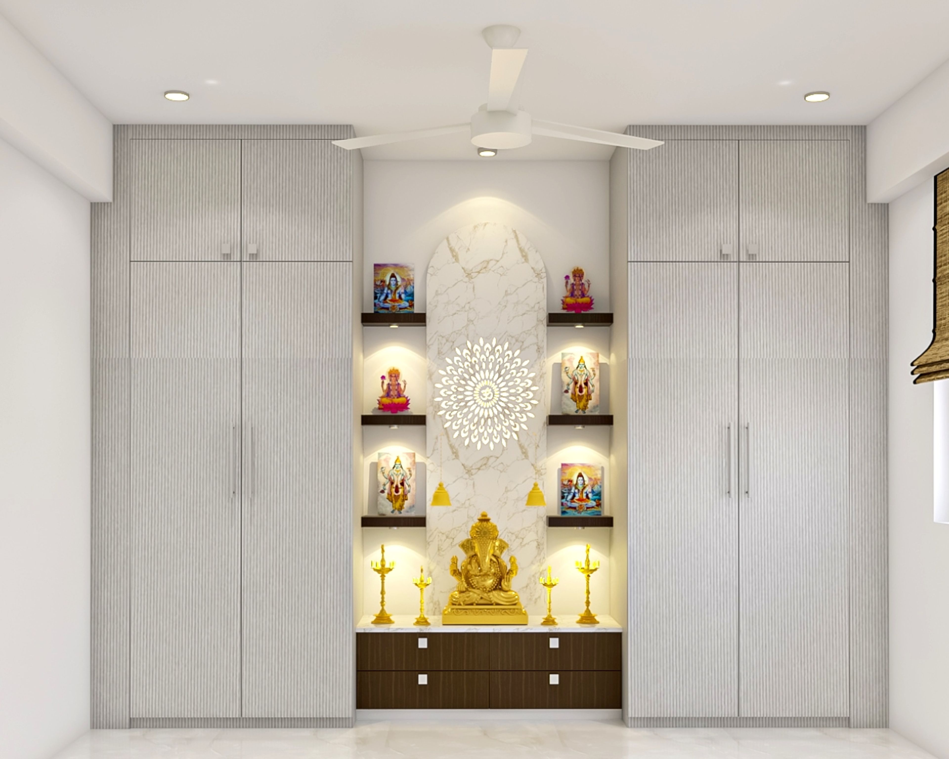 Contemporary Walnut Mandir Design With 4-Door White Swing Wardrobe